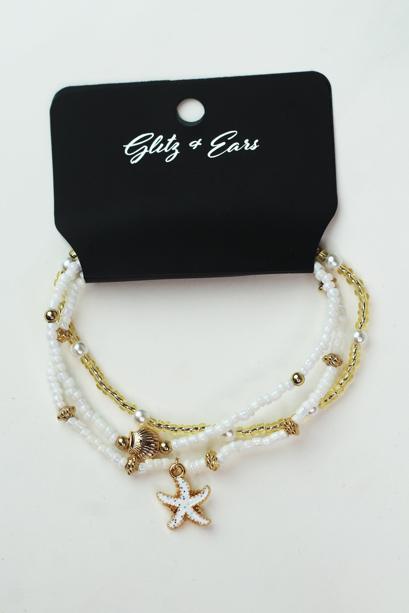 3pc Stretch Bead & Pearl Anklets Set w/ Starfish & Shell Charms