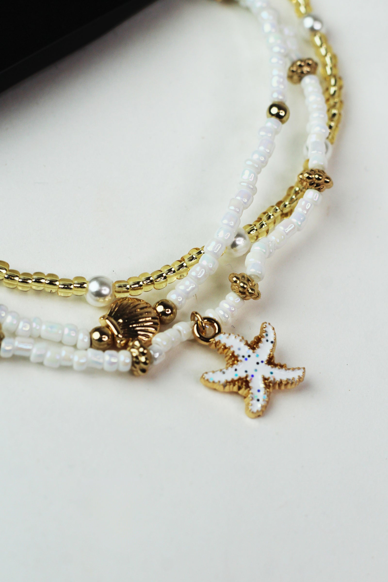 3pc Stretch Bead & Pearl Anklets Set w/ Starfish & Shell Charms