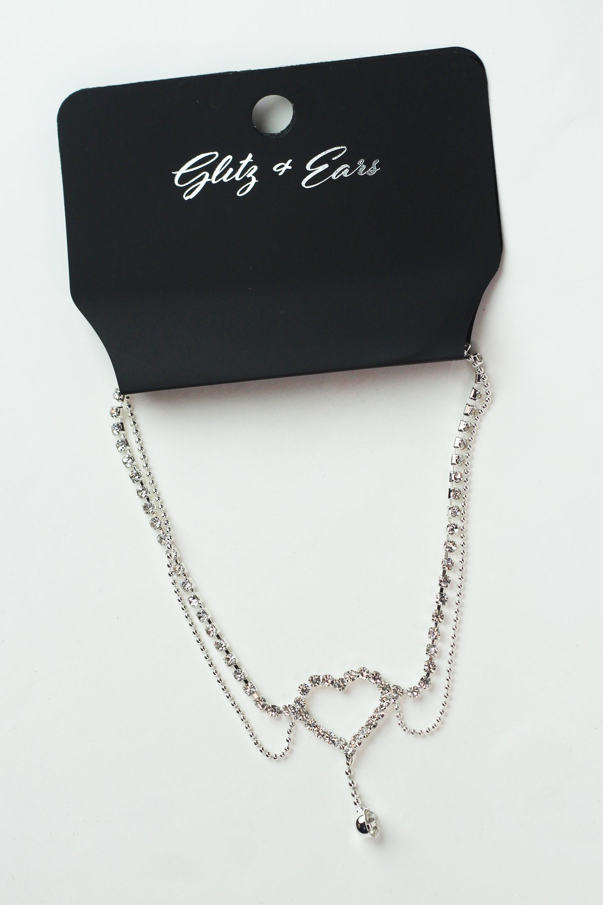 Two Row Rhinestone &amp; Metal Chain Anklet w/ Heart Accent