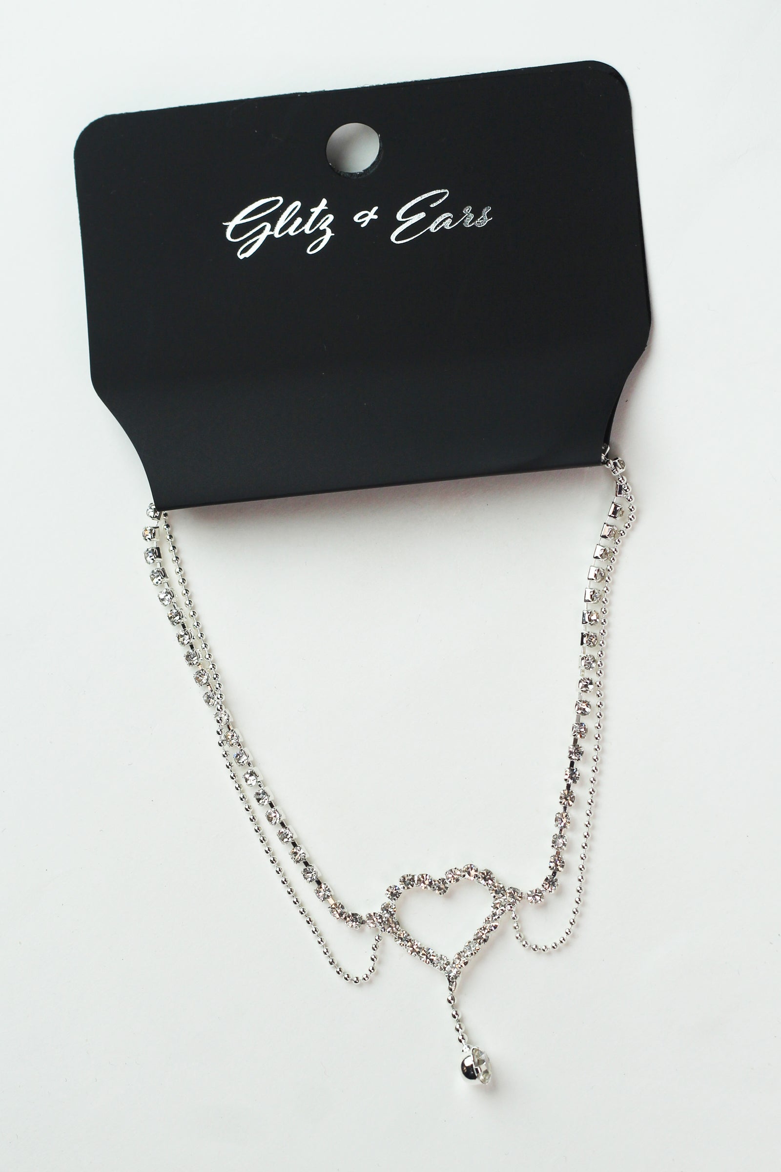 Two Row Rhinestone & Metal Chain Anklet w/ Heart Accent