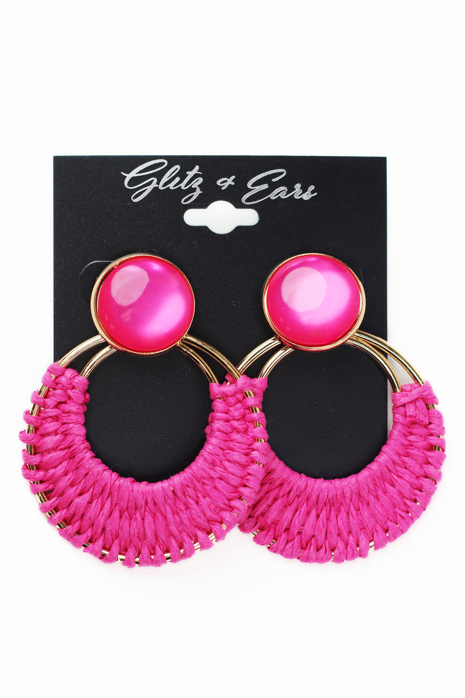 Round Stone & Dangling Raffia Hoop Earrings