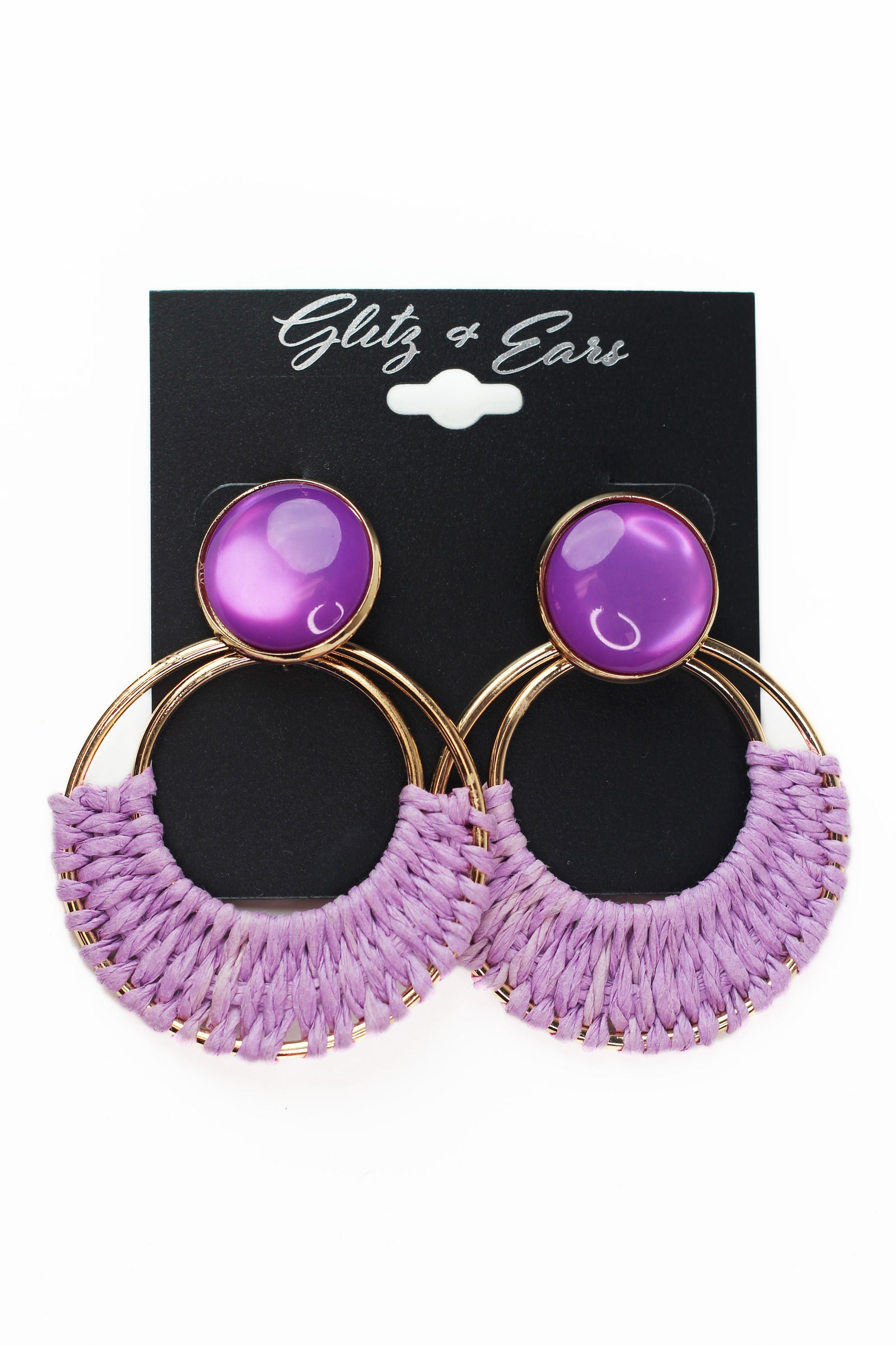 Round Stone & Dangling Raffia Hoop Earrings