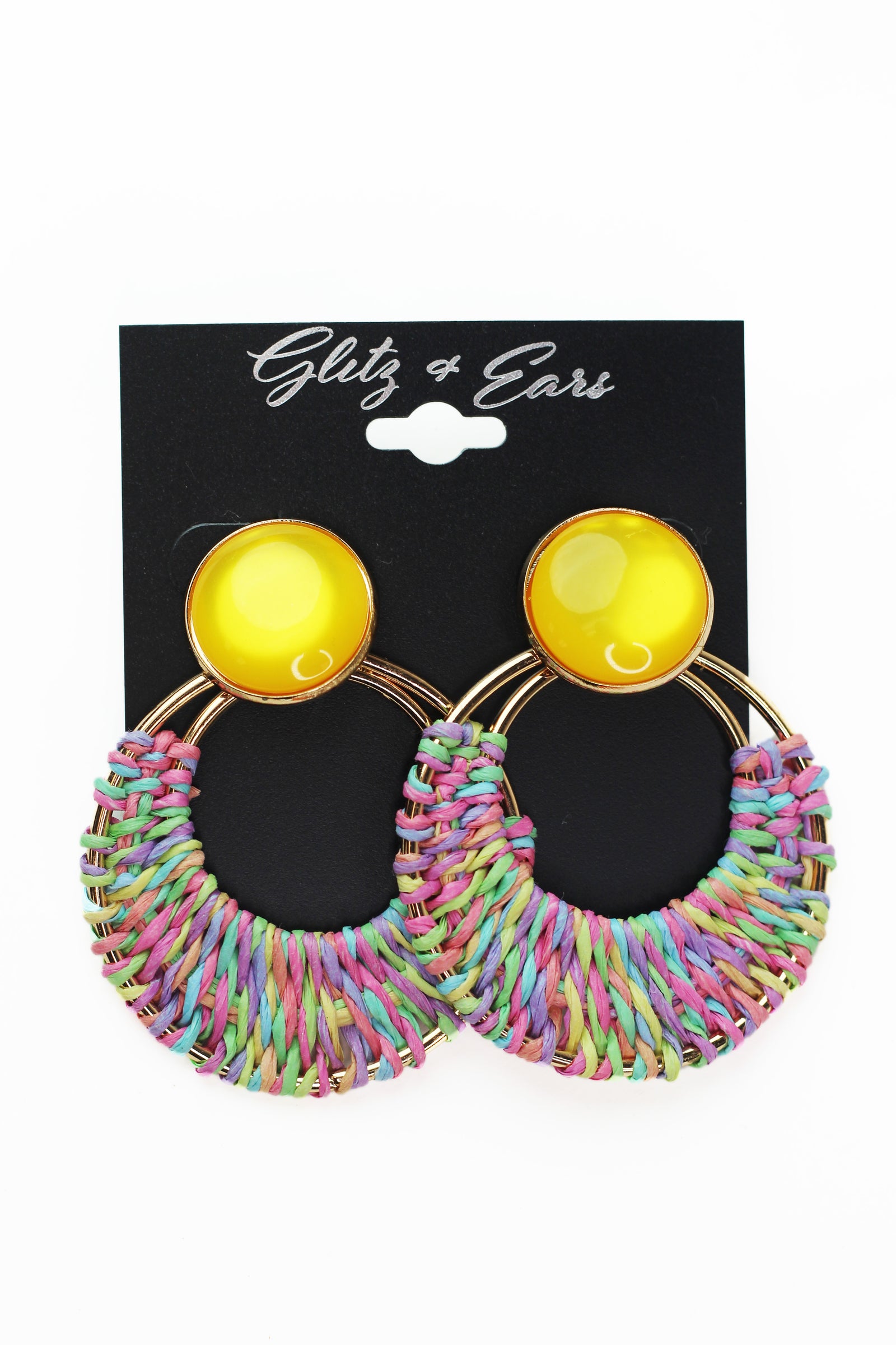 Round Stone & Dangling Raffia Hoop Earrings