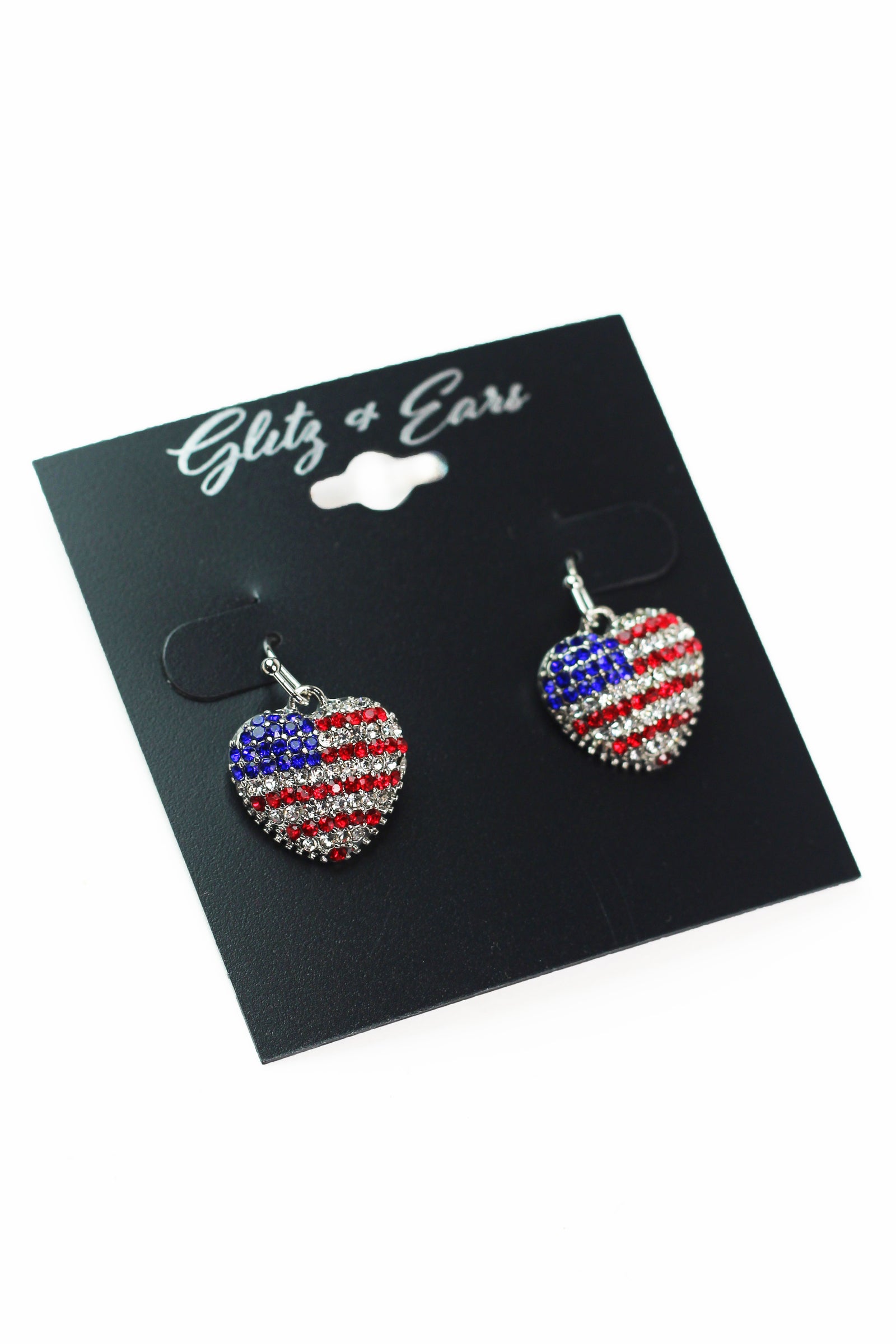 Rhinestone USA Flag Dangling Heart Earrings