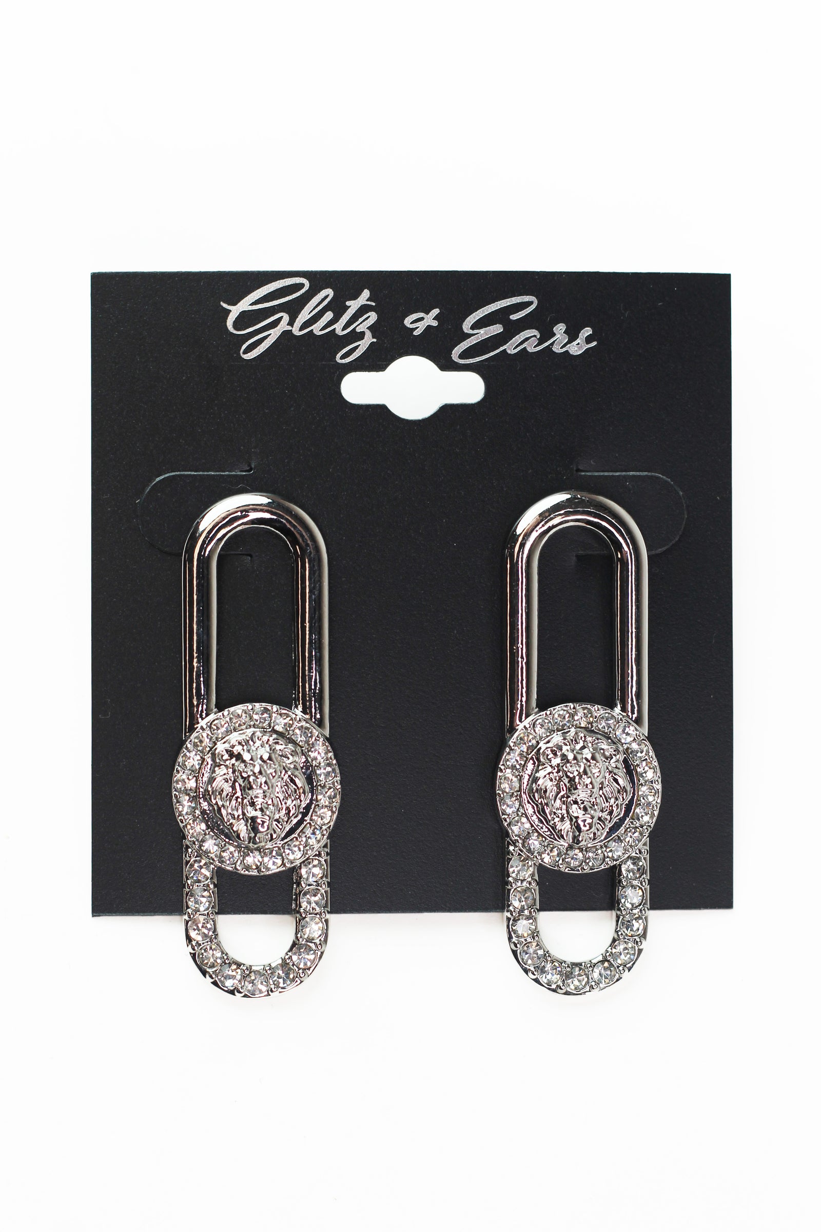 Paperclip Lion Head Earrings w/ Rhinestone Accents