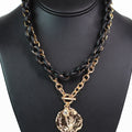 Faux Leather & Chain Toggle Necklace w/ Circle & Rhinestone Charms
