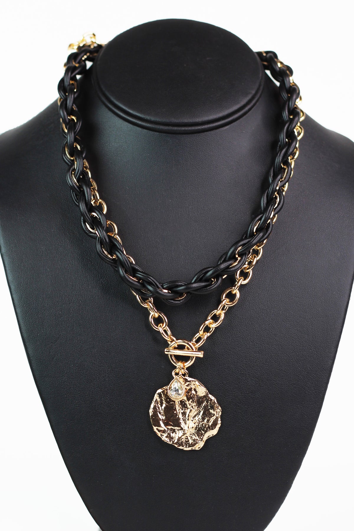 Faux Leather &amp; Chain Toggle Necklace w/ Circle &amp; Rhinestone Charms