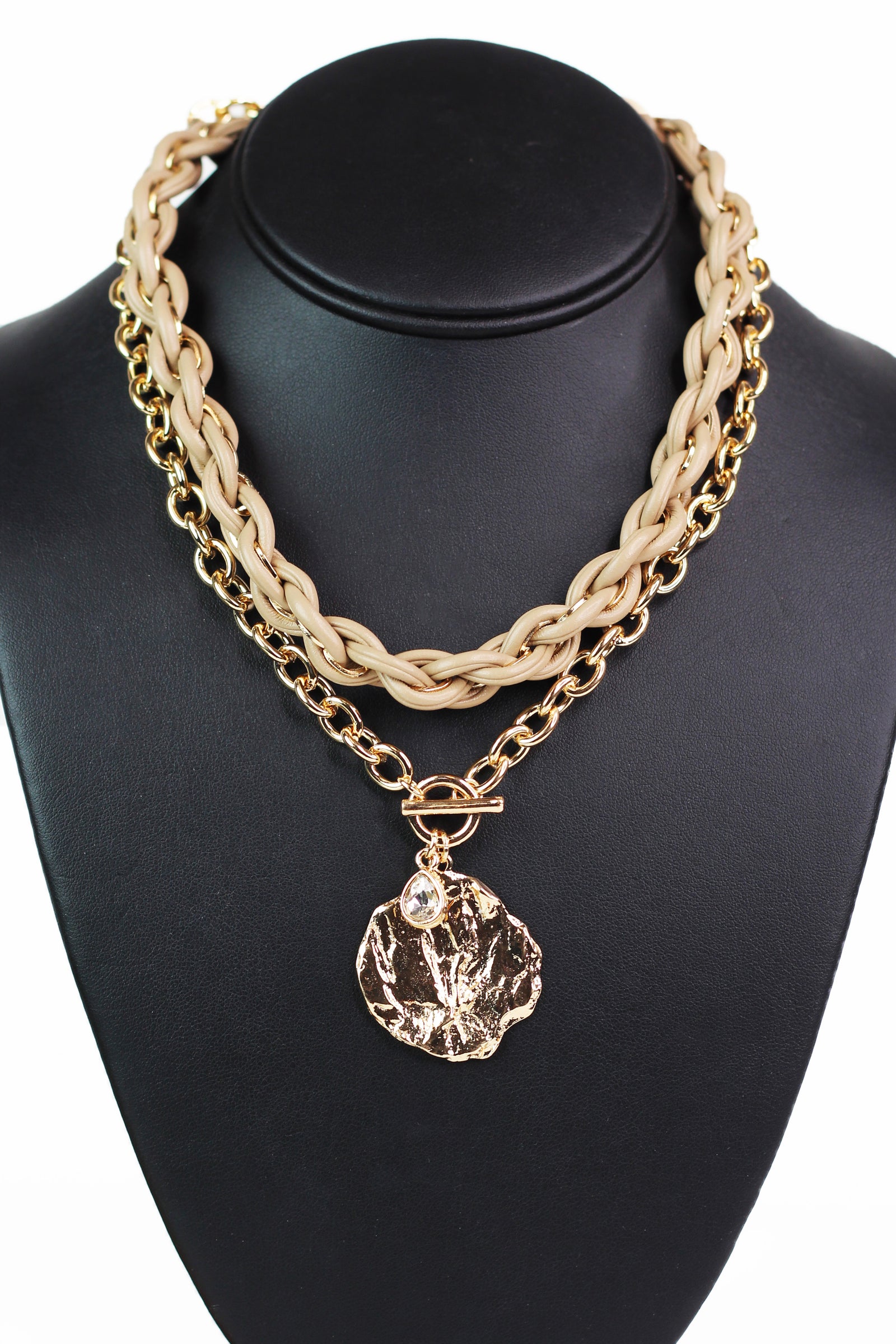 Faux Leather & Chain Toggle Necklace w/ Circle & Rhinestone Charms