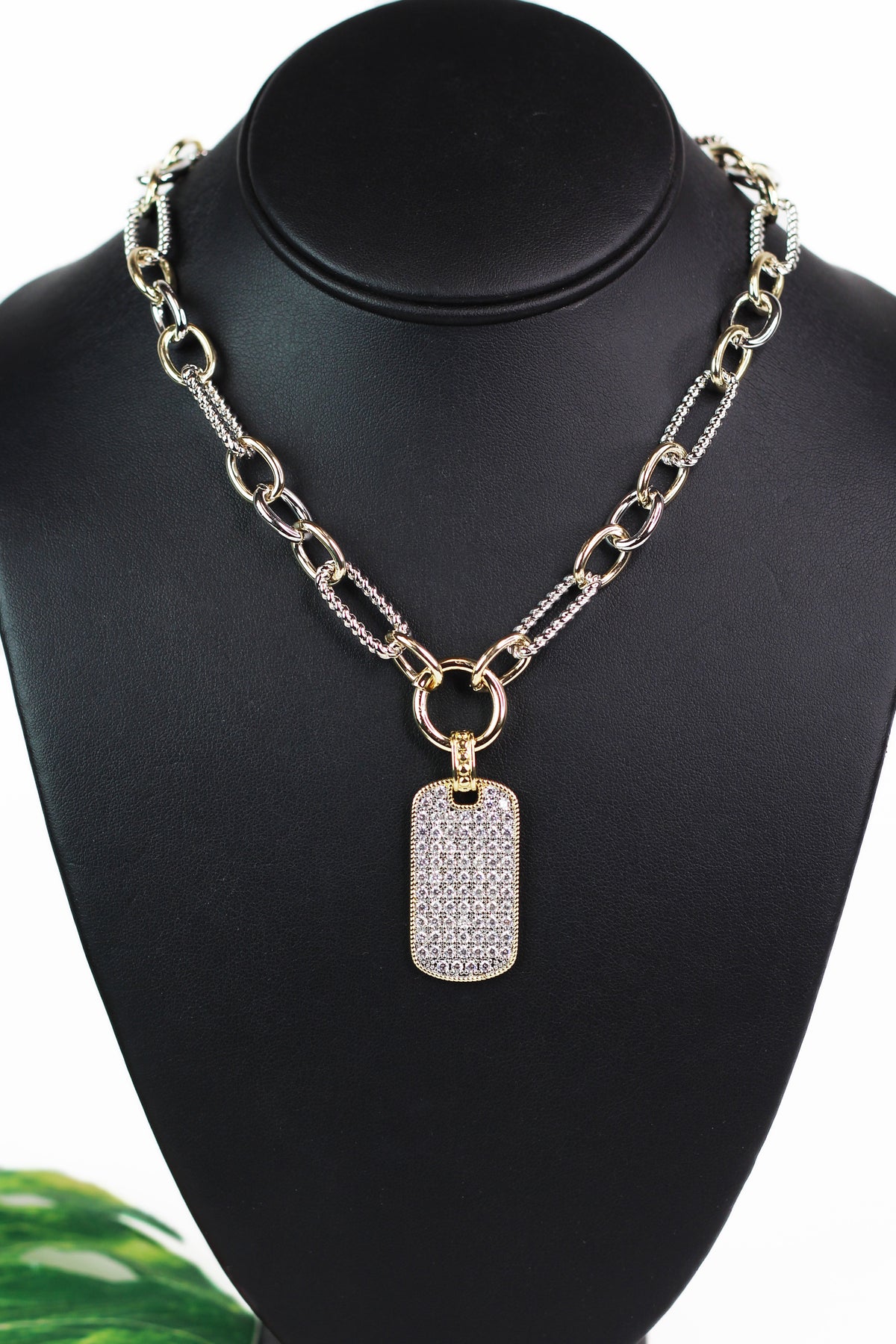 Two Toned Chain Link Necklace w/ Rhinestone Dog Tag