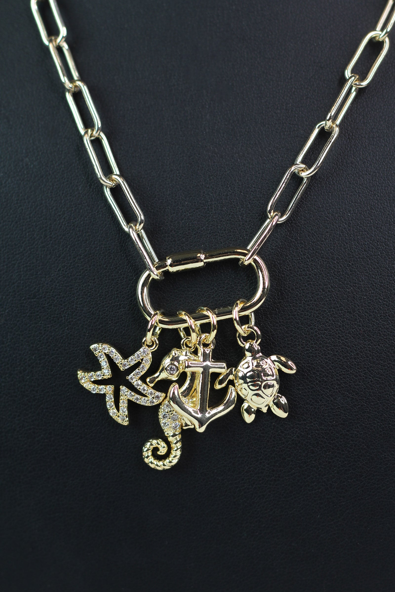 Pave Accented Starfish Seahorse Turtle & Anchor Chain Necklace