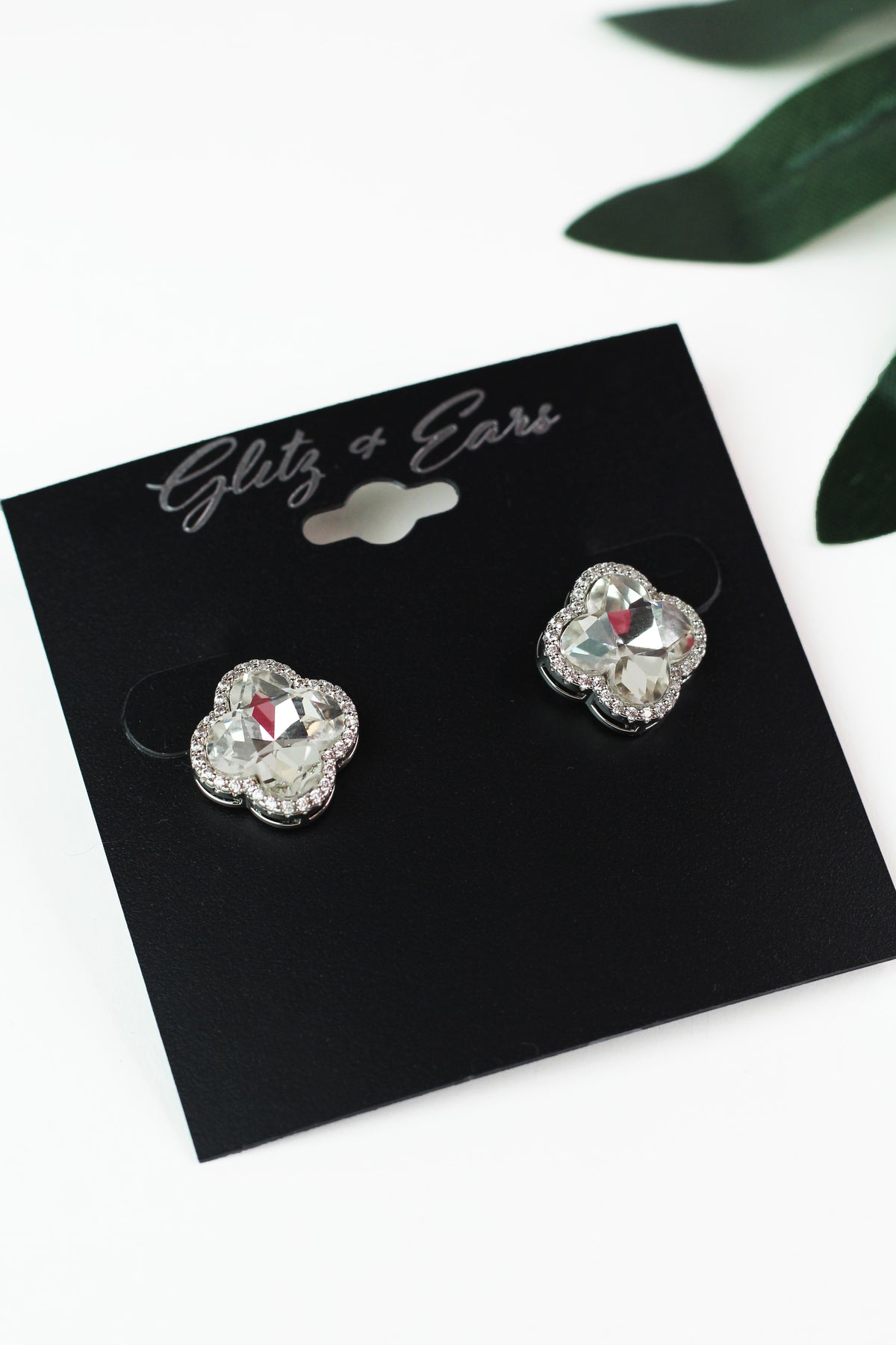 Pave Trimmed Stone Clover Stud Earrings