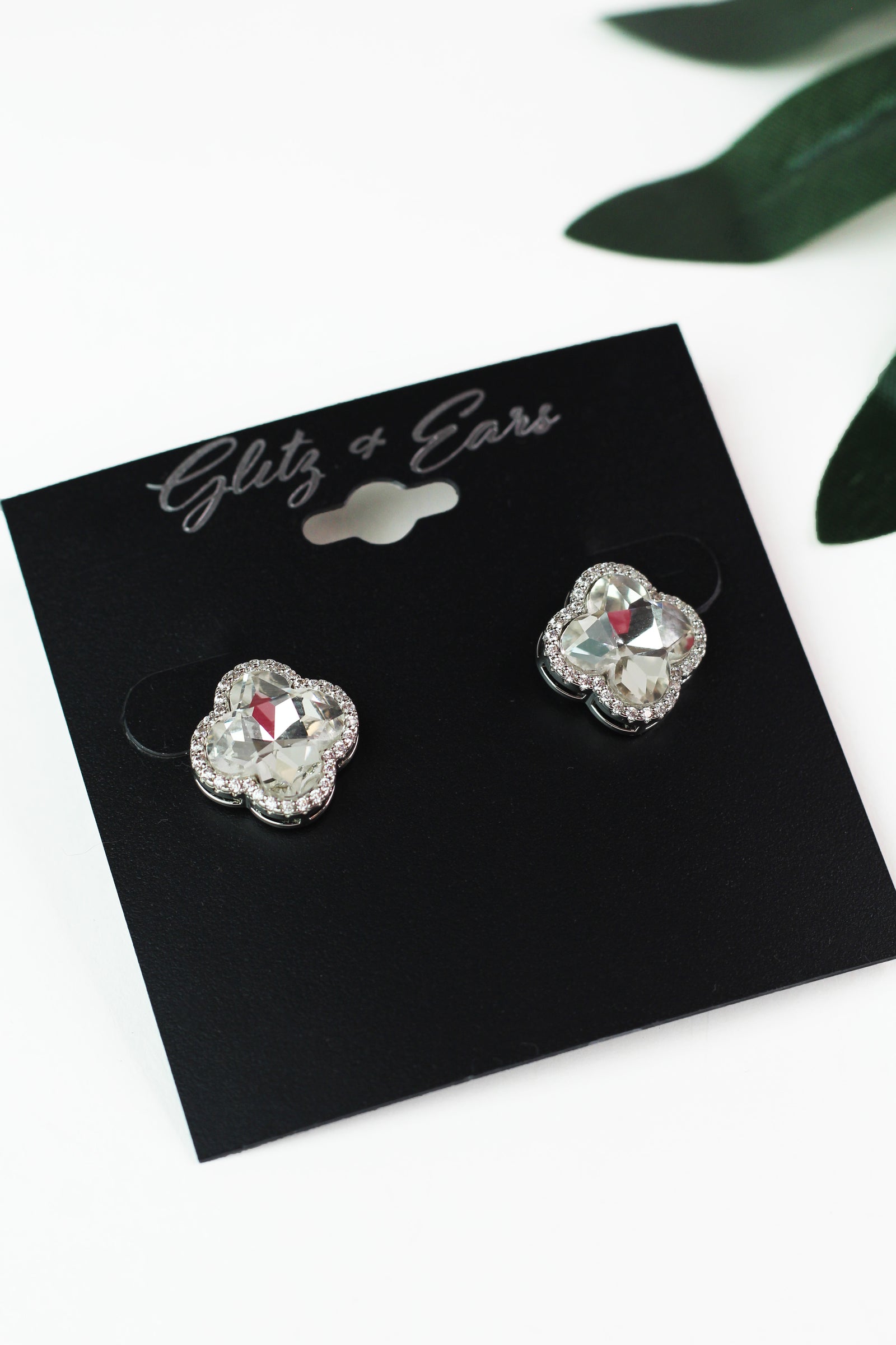 Pave Trimmed Stone Clover Stud Earrings
