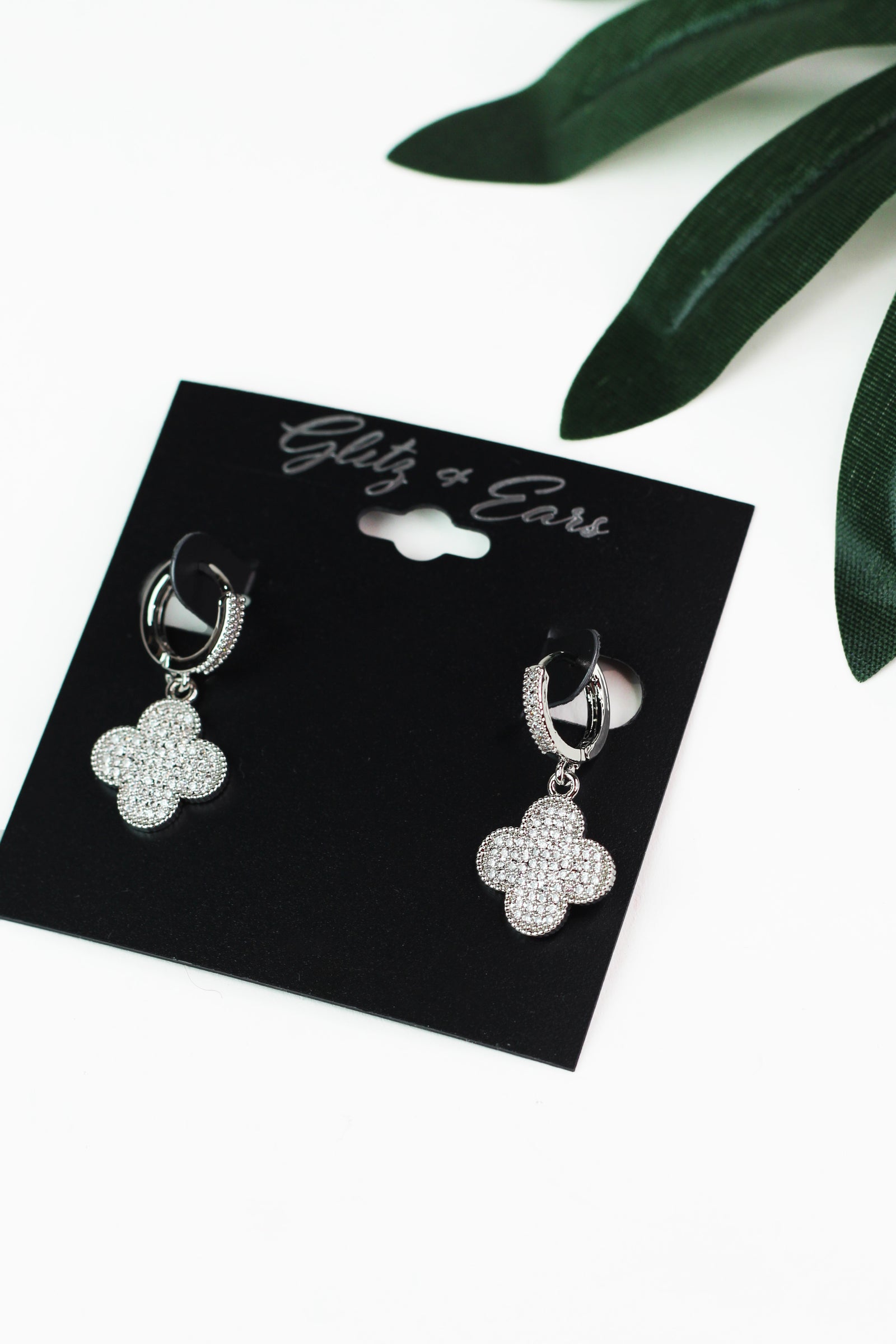 Tiny Pave Hoop w/ Dangling Pave Clover Earrings
