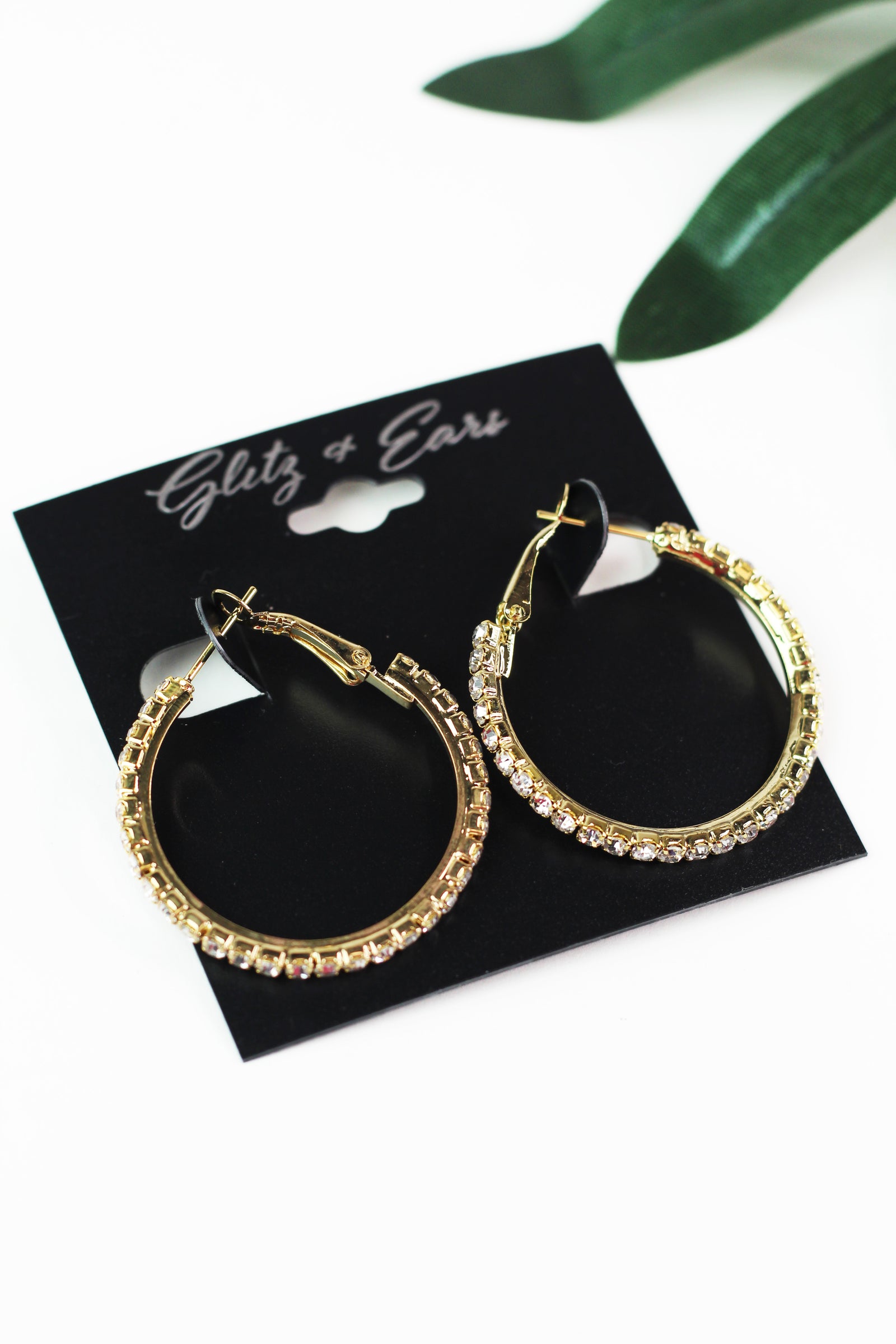 Small Outside Rhinestone Lever Back Hoop Earrings
