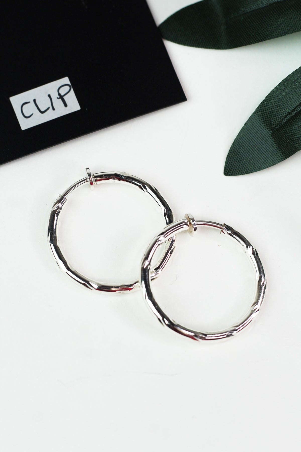 Small Etched Metal Clip On Hoop Earrings