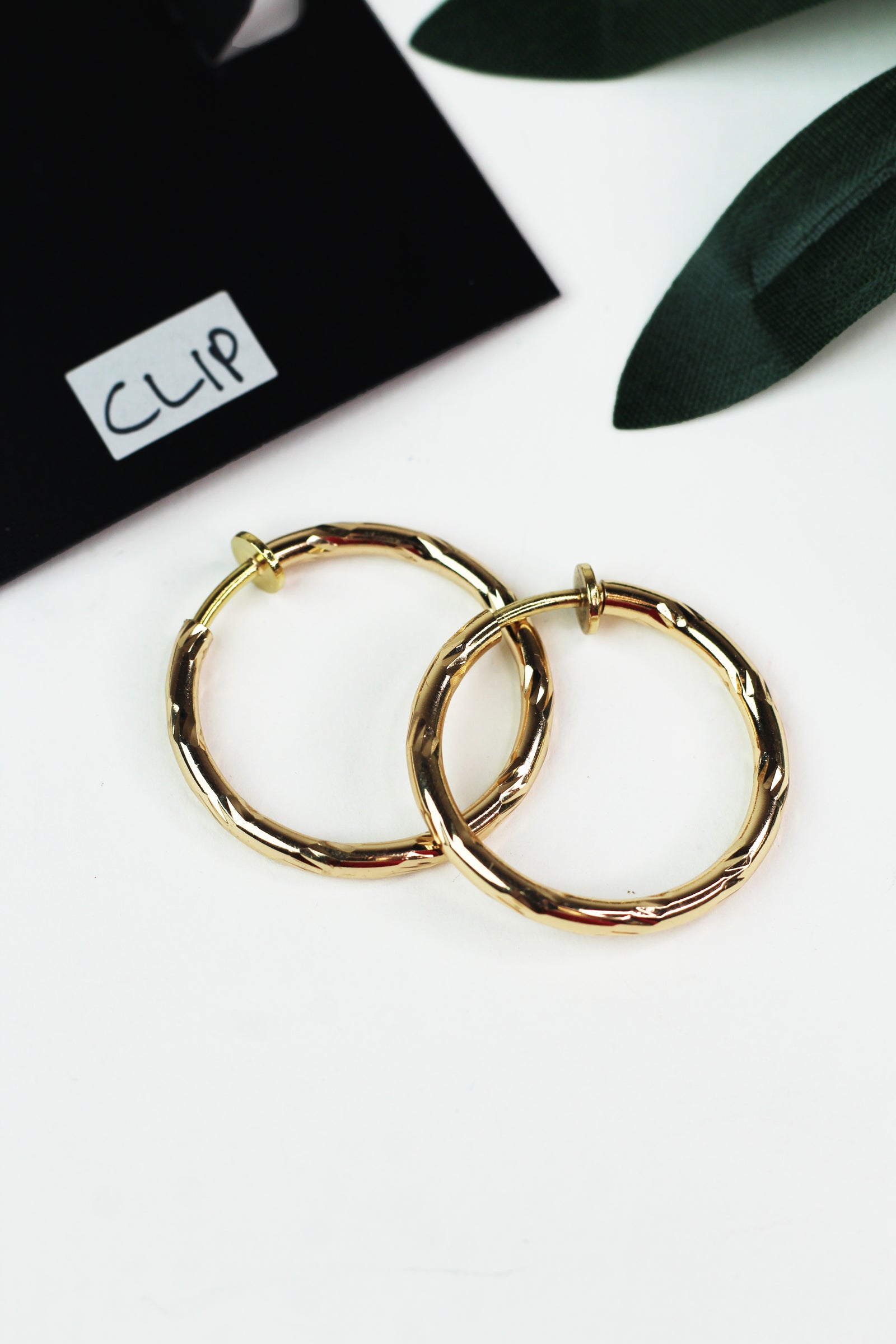 Small Etched Metal Clip On Hoop Earrings
