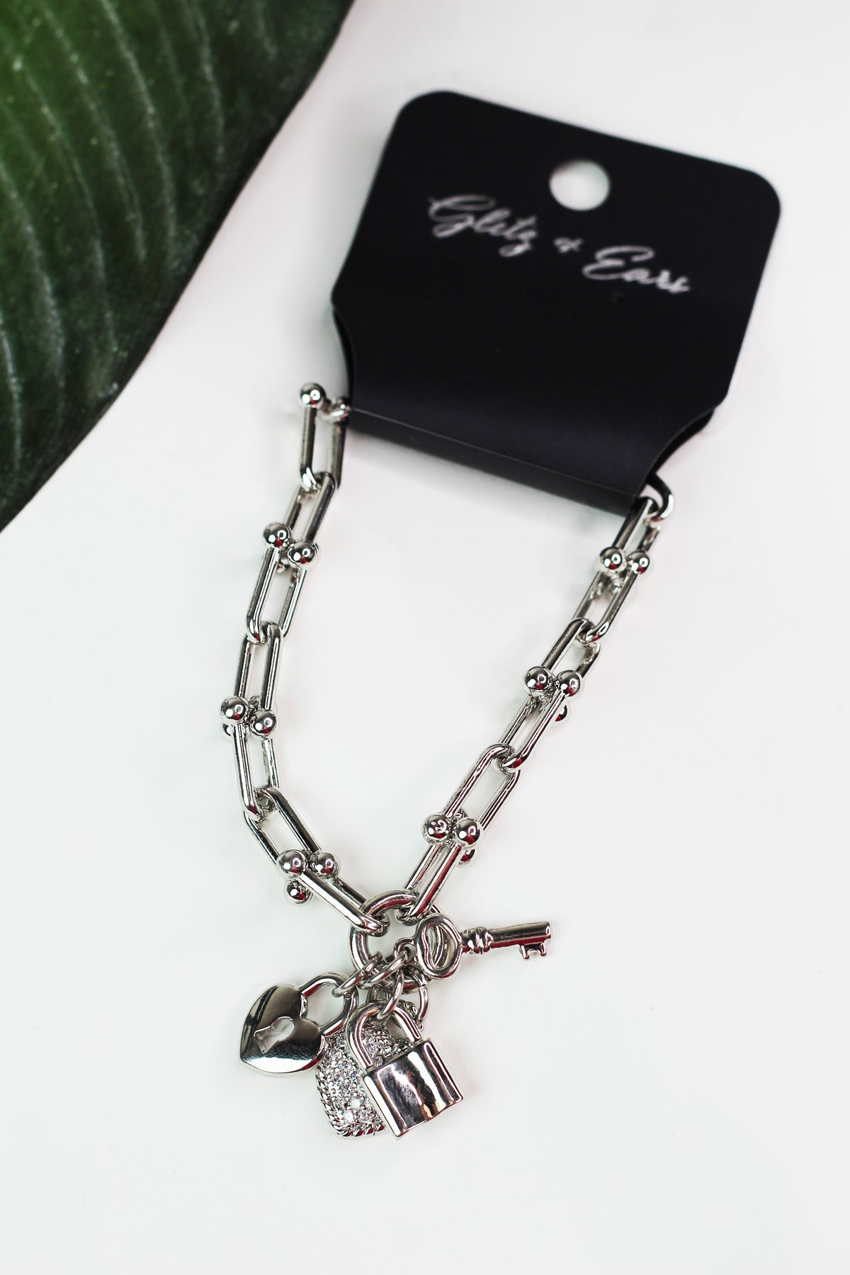 Pave Heart Lock &amp; Key Charm Ball Link Bracelet