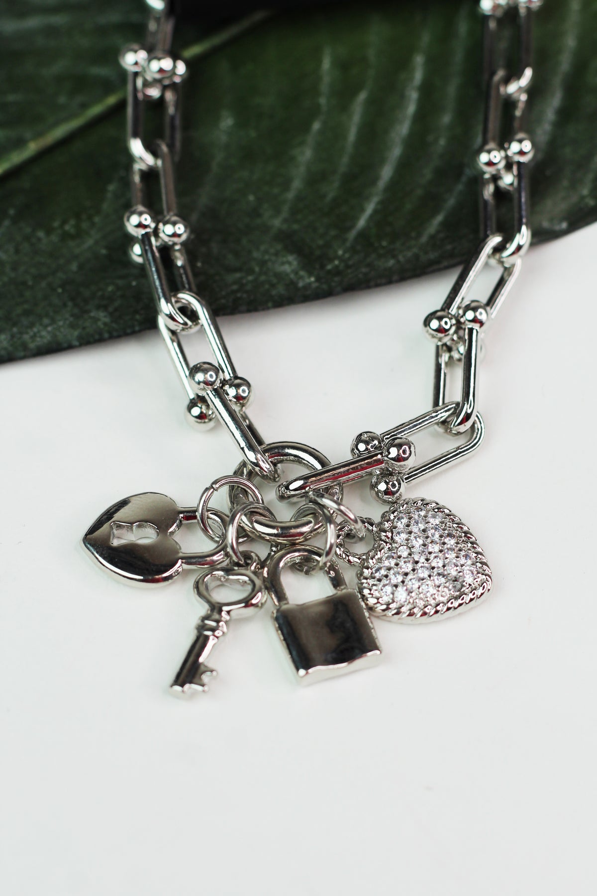 Pave Heart Lock & Key Charm Ball Link Bracelet