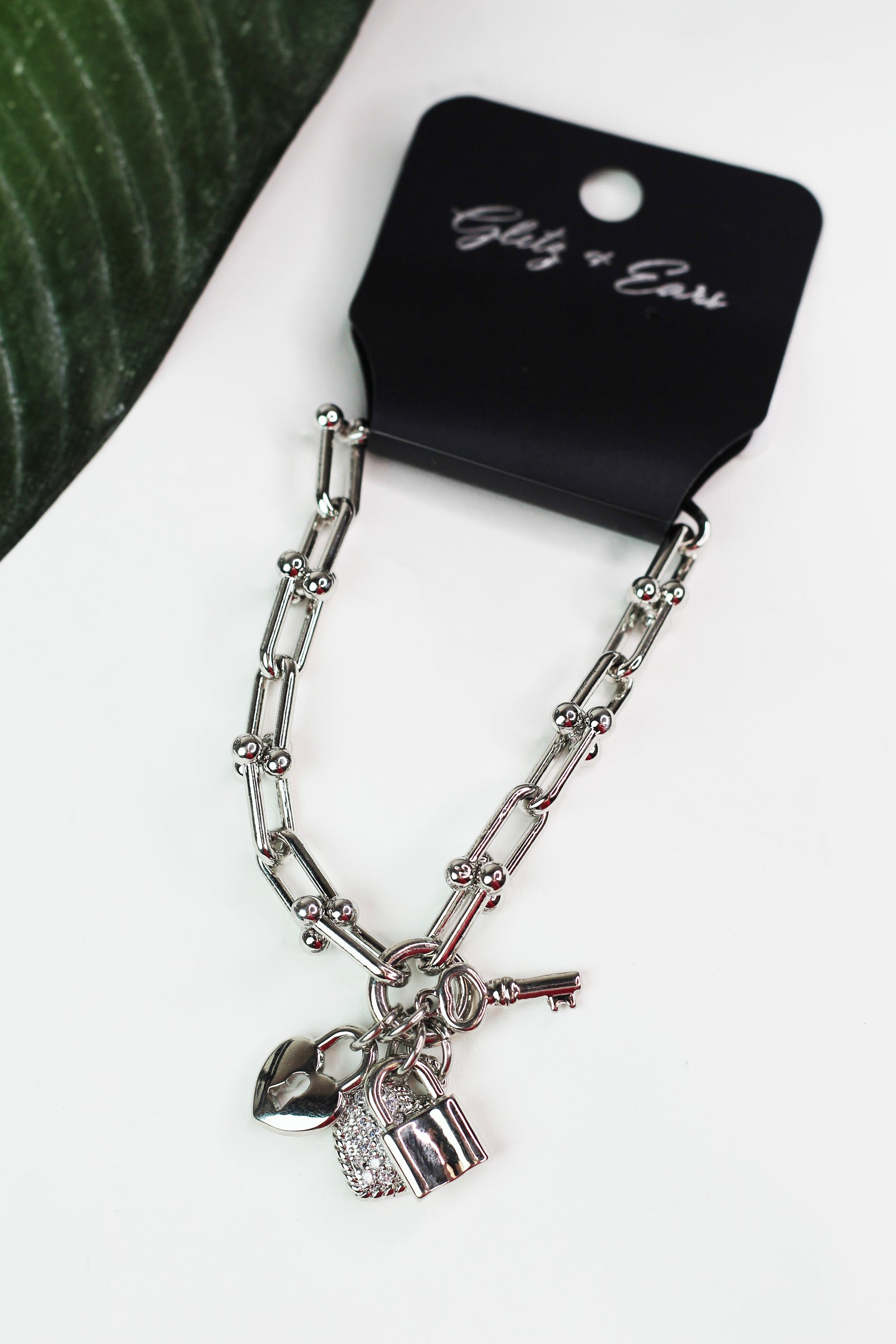 Pave Heart Lock & Key Charm Ball Link Bracelet