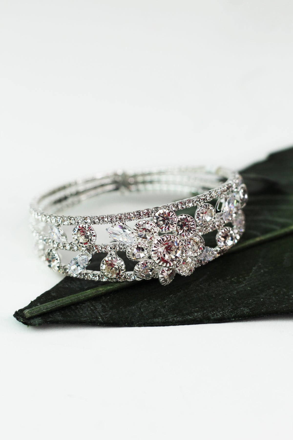 3 Row Rhinestone Cuff w/ Flower &amp; Stone Accents