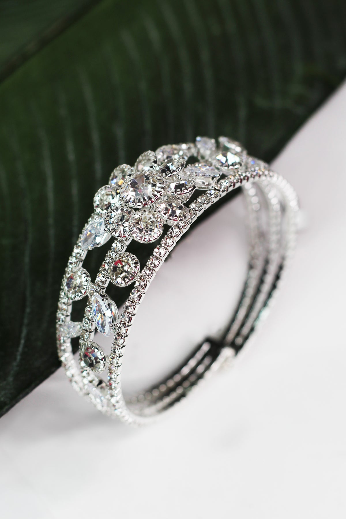 3 Row Rhinestone Cuff w/ Flower & Stone Accents