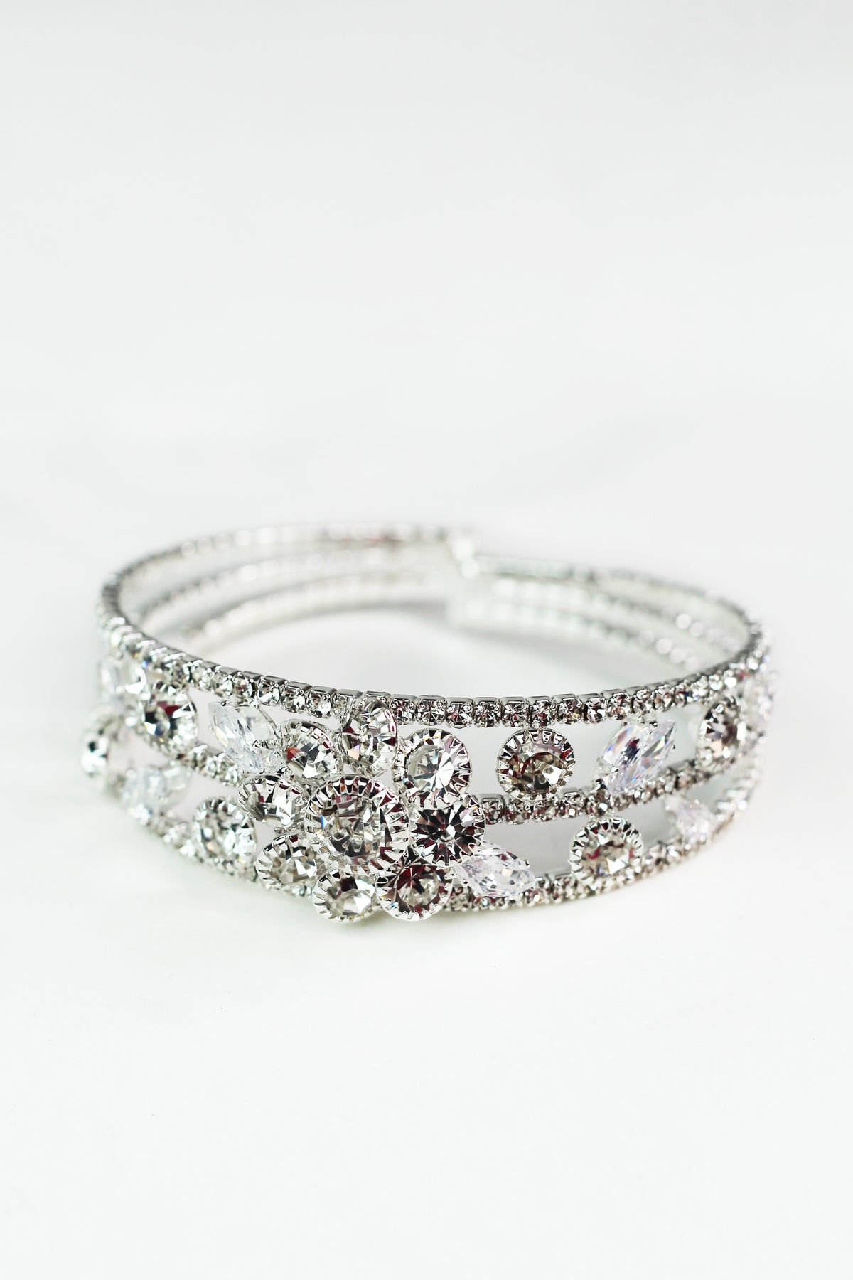 3 Row Rhinestone Cuff w/ Flower & Stone Accents