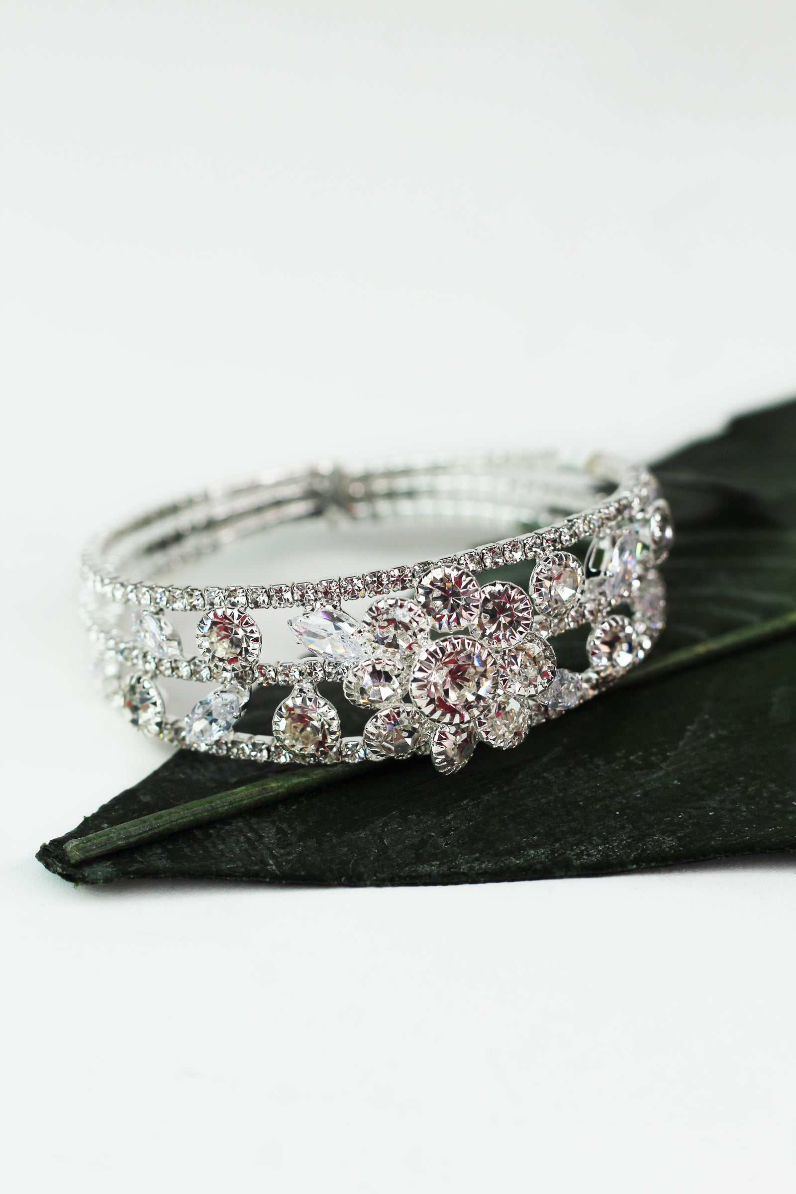 3 Row Rhinestone Cuff w/ Flower & Stone Accents