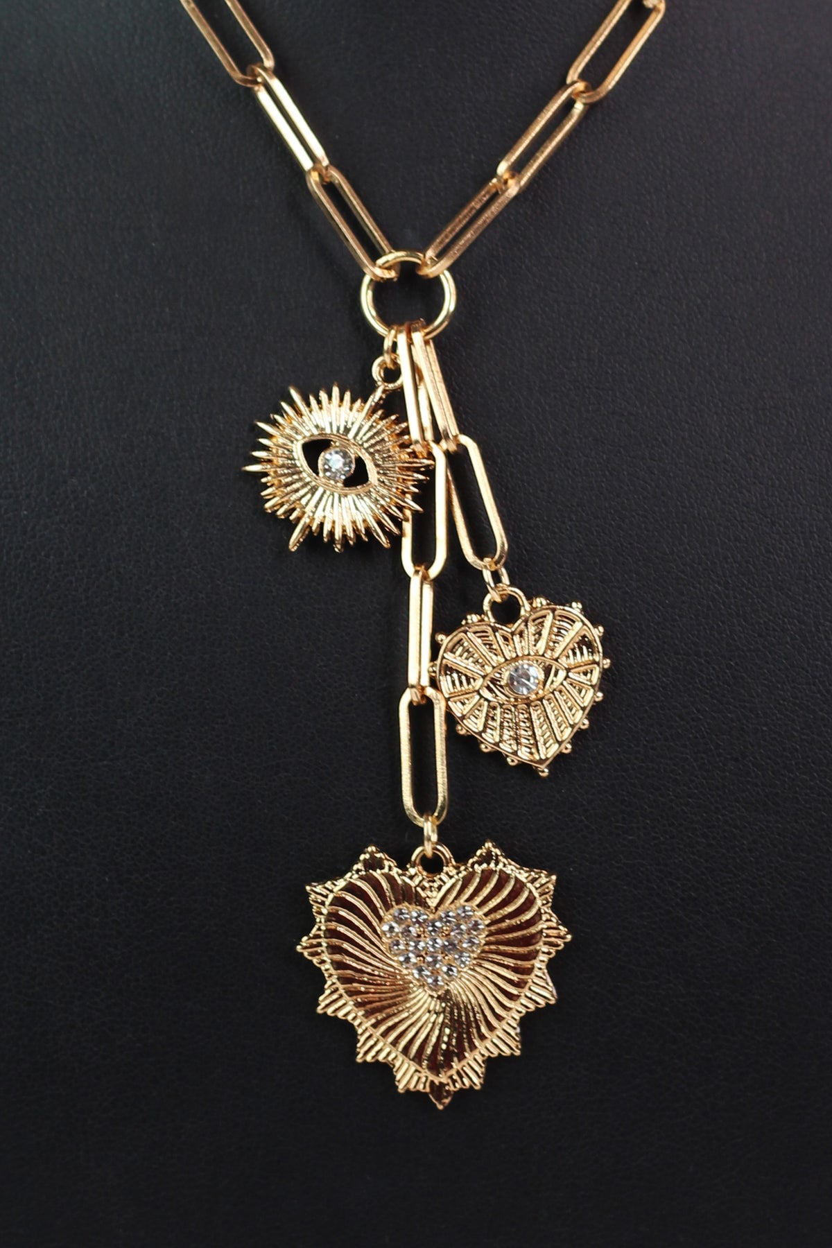 Paperclip Necklace w/ Pave Accented Evil Eye & Heart Charms