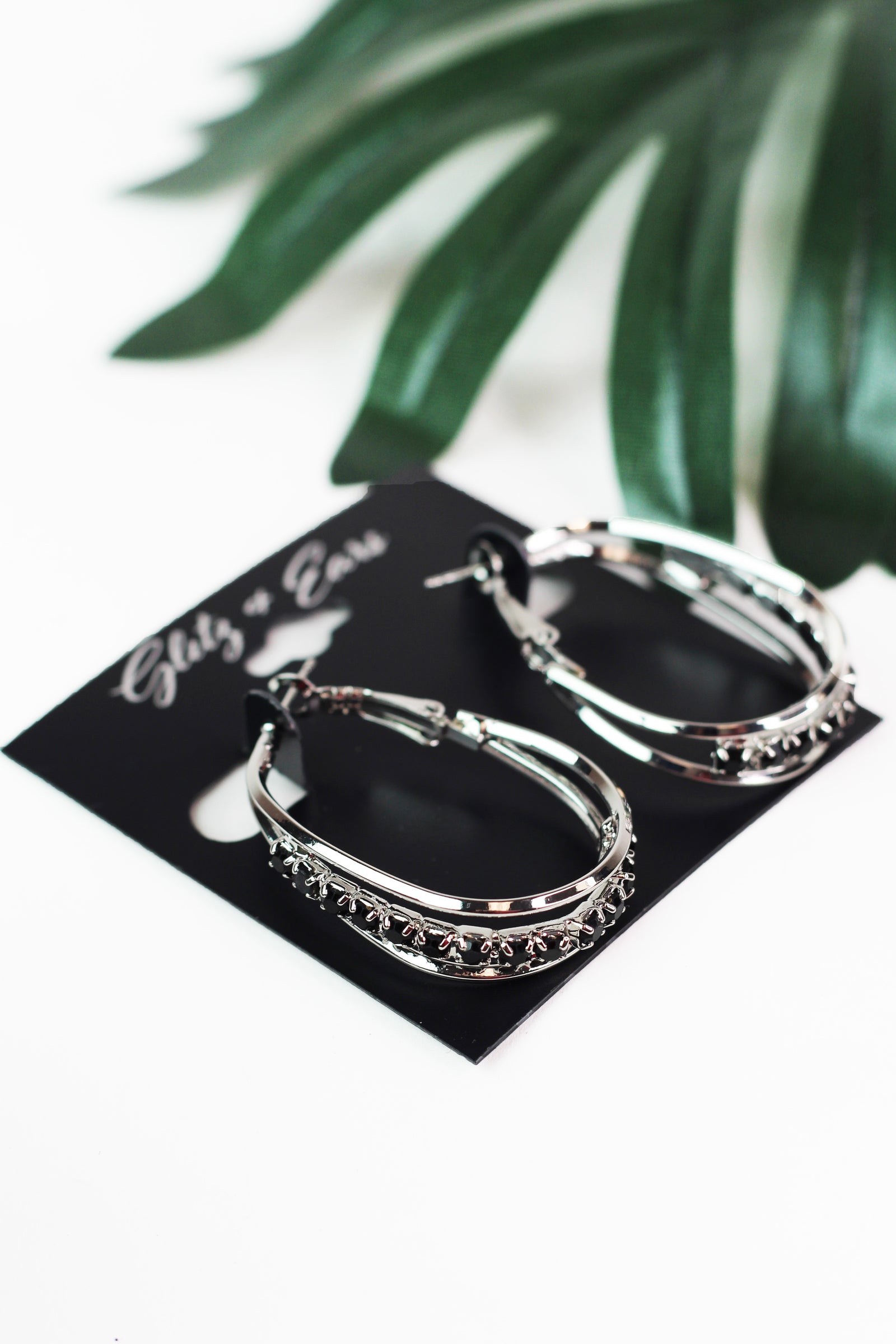 Rhinestone & Two Row Metal Oval Hoop Earrings