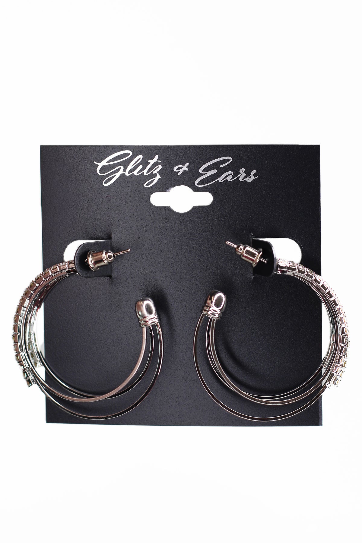 3 Rhinestone &amp; Metal Rows Open Hoop Earrings