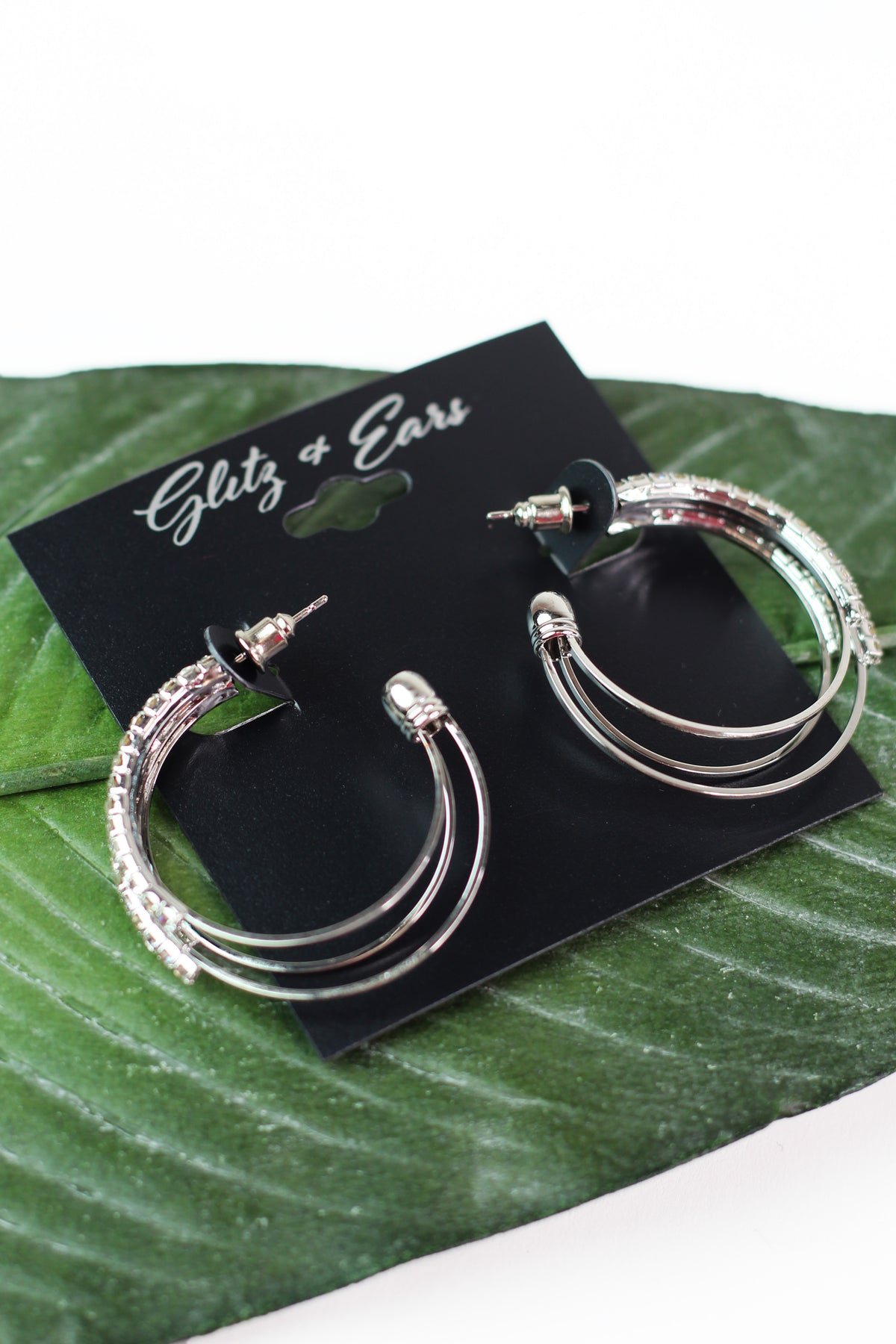 3 Rhinestone & Metal Rows Open Hoop Earrings