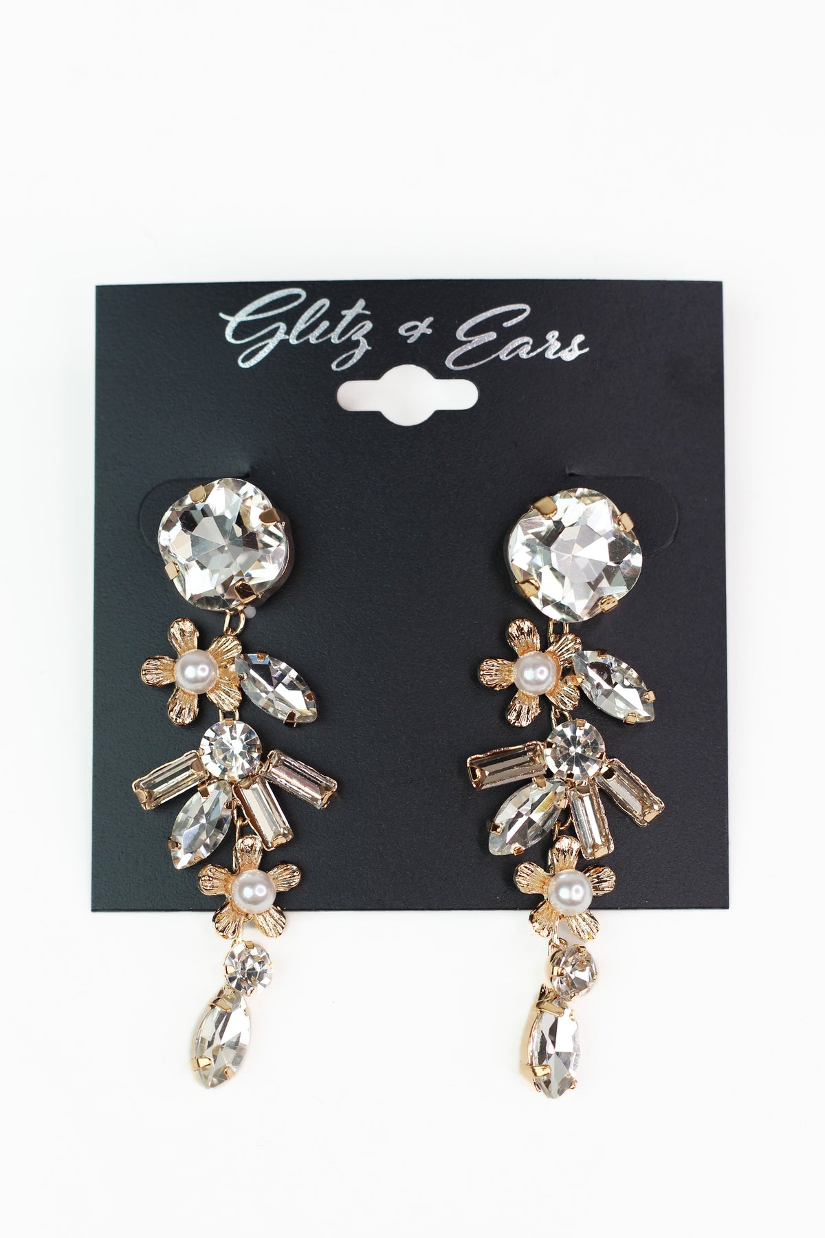 Square Baguette Teardrop & Floral Rhinestone & Pearl Drop Earrings