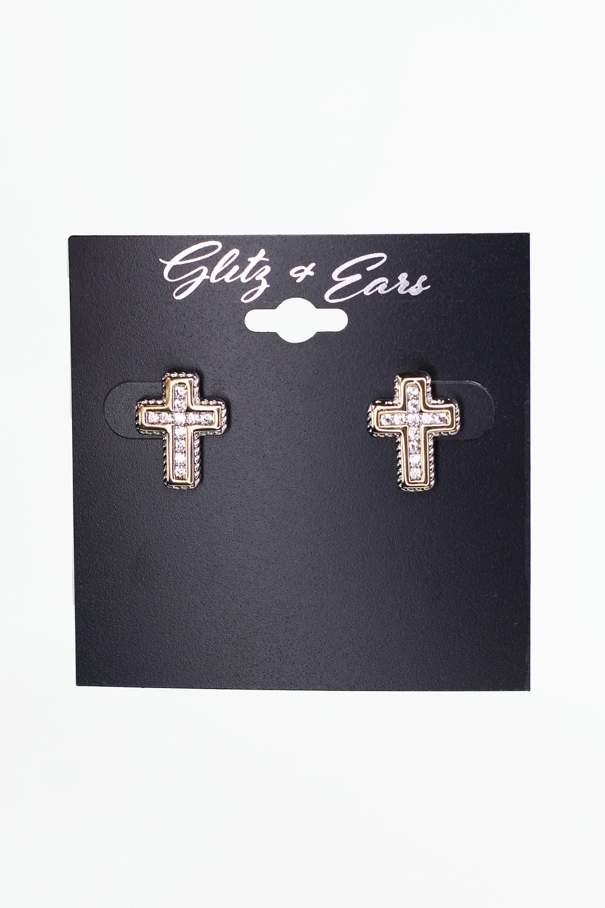Pave Cross w/ Two Tone Trim Stud Earrings