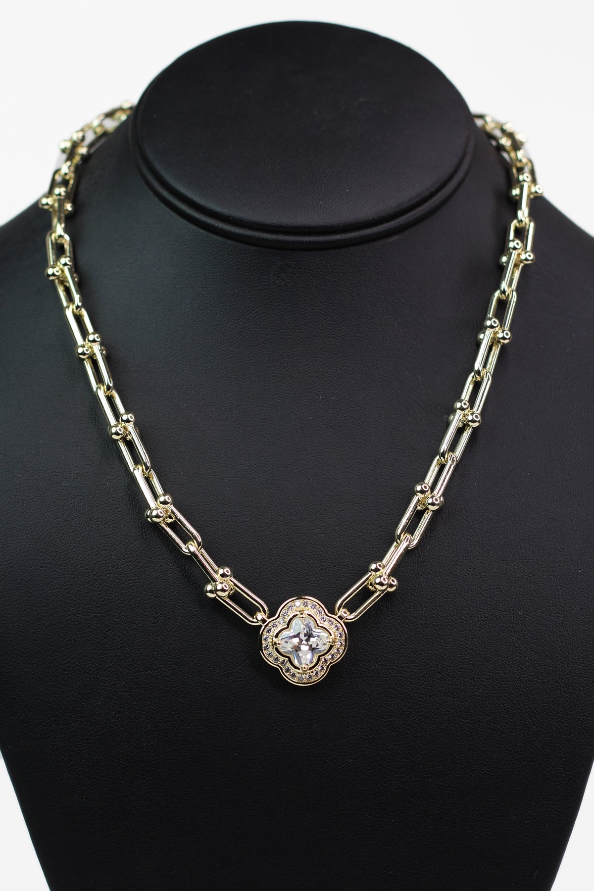 Pave &amp; Large Stone Clover Ball Link Necklace