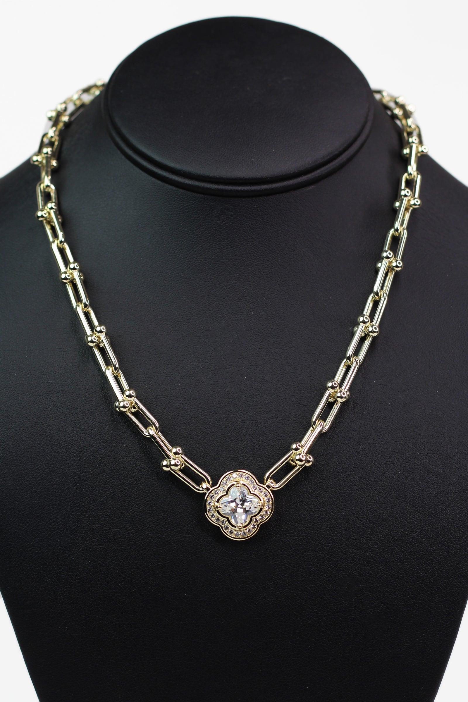Pave & Large Stone Clover Ball Link Necklace