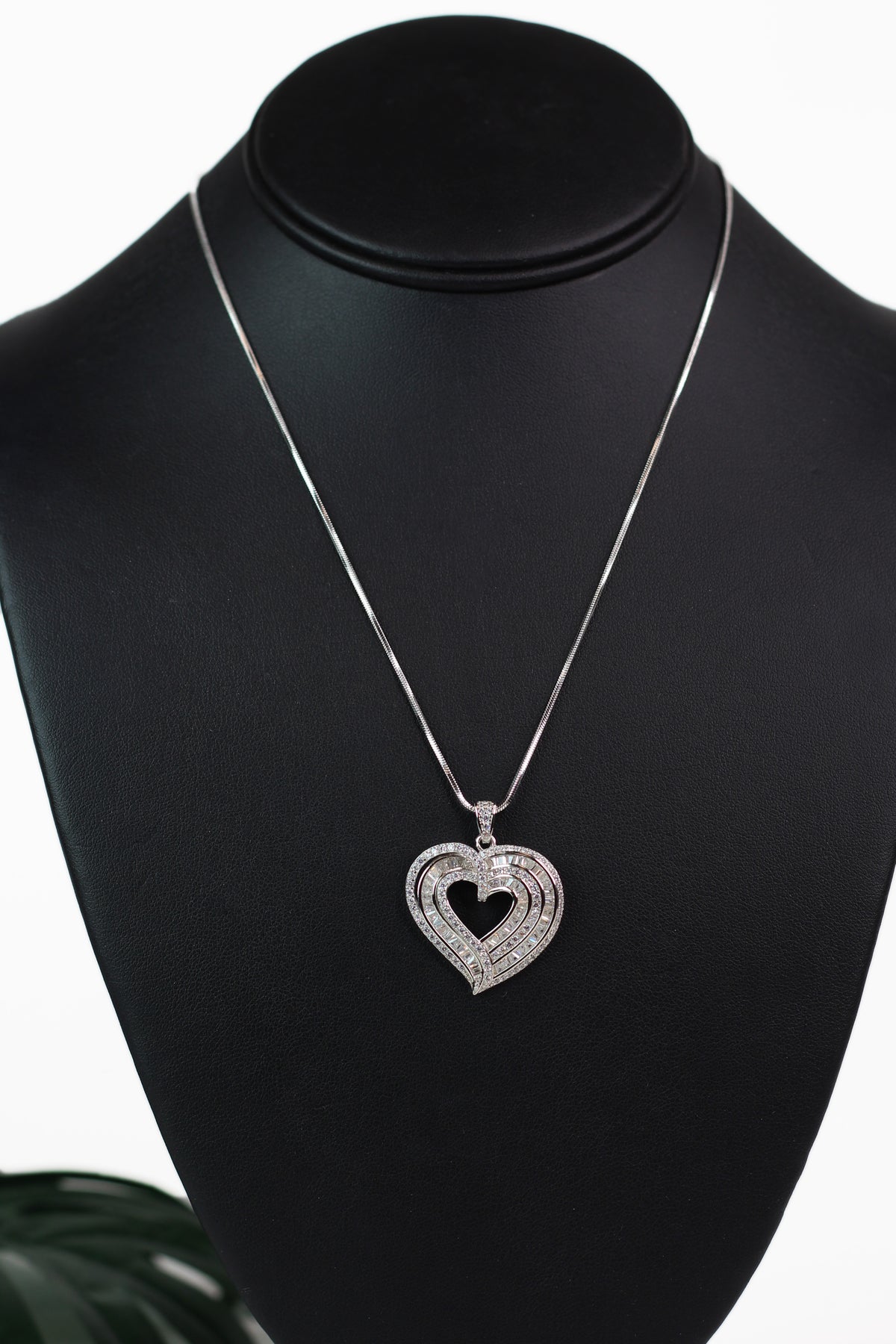 SS Open Pave &amp; Baguette Heart w/ Overlapping Pave Accent Necklace
