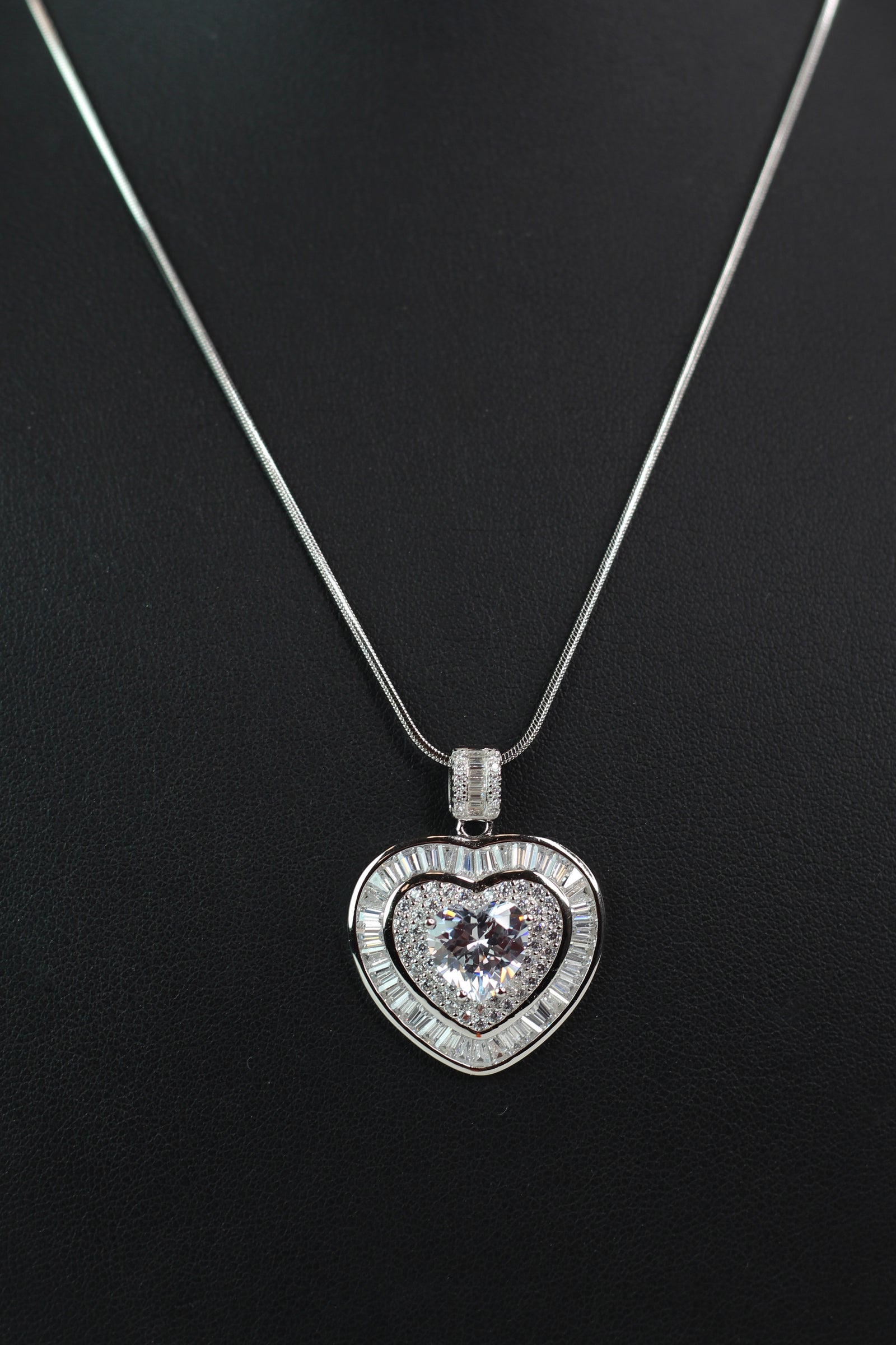 SS Baguette Trimmed Pave Heart w/ Raised Center Stone Necklace