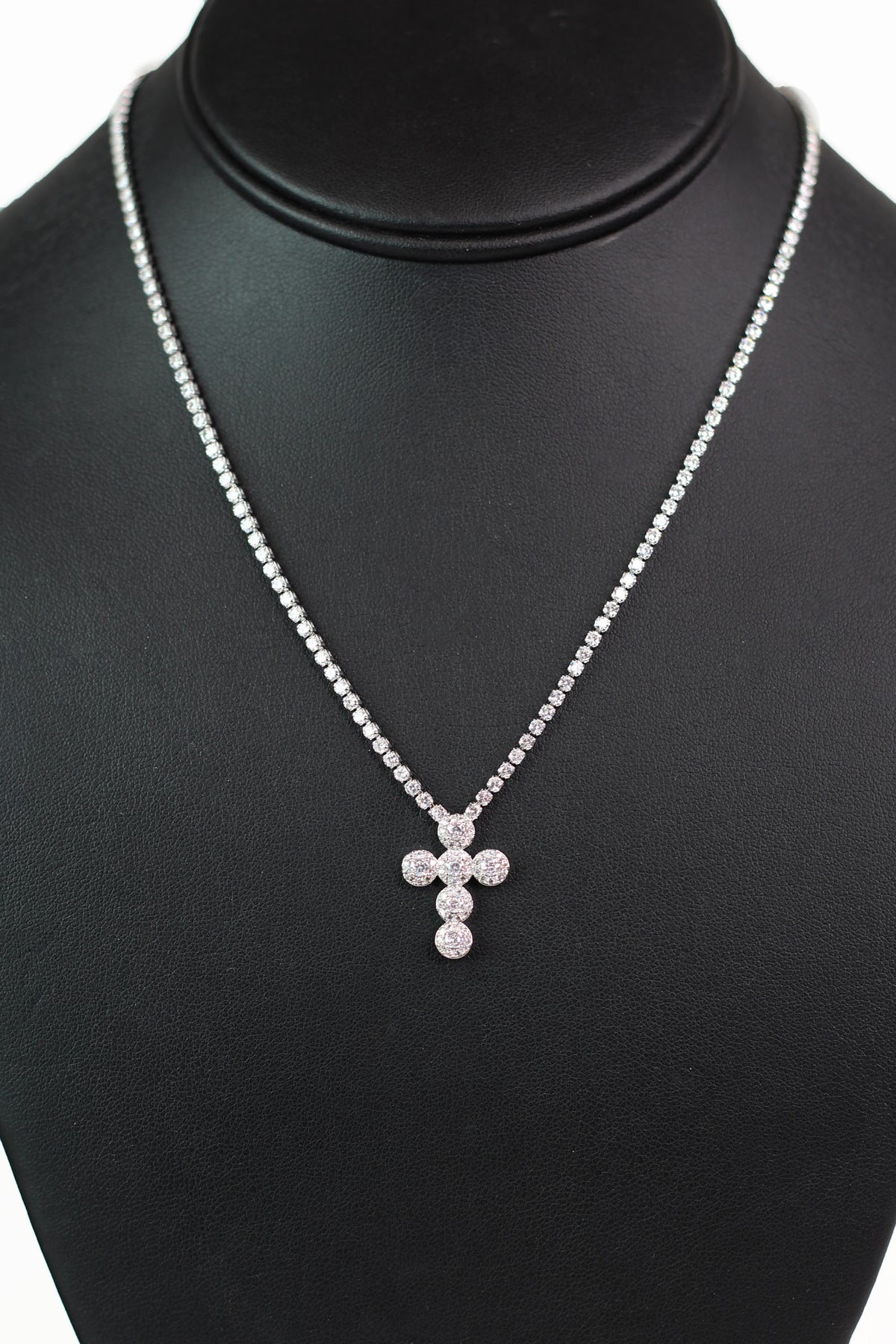 Rhinestone Necklace w/ Pave Trimmed Round Stone Cross