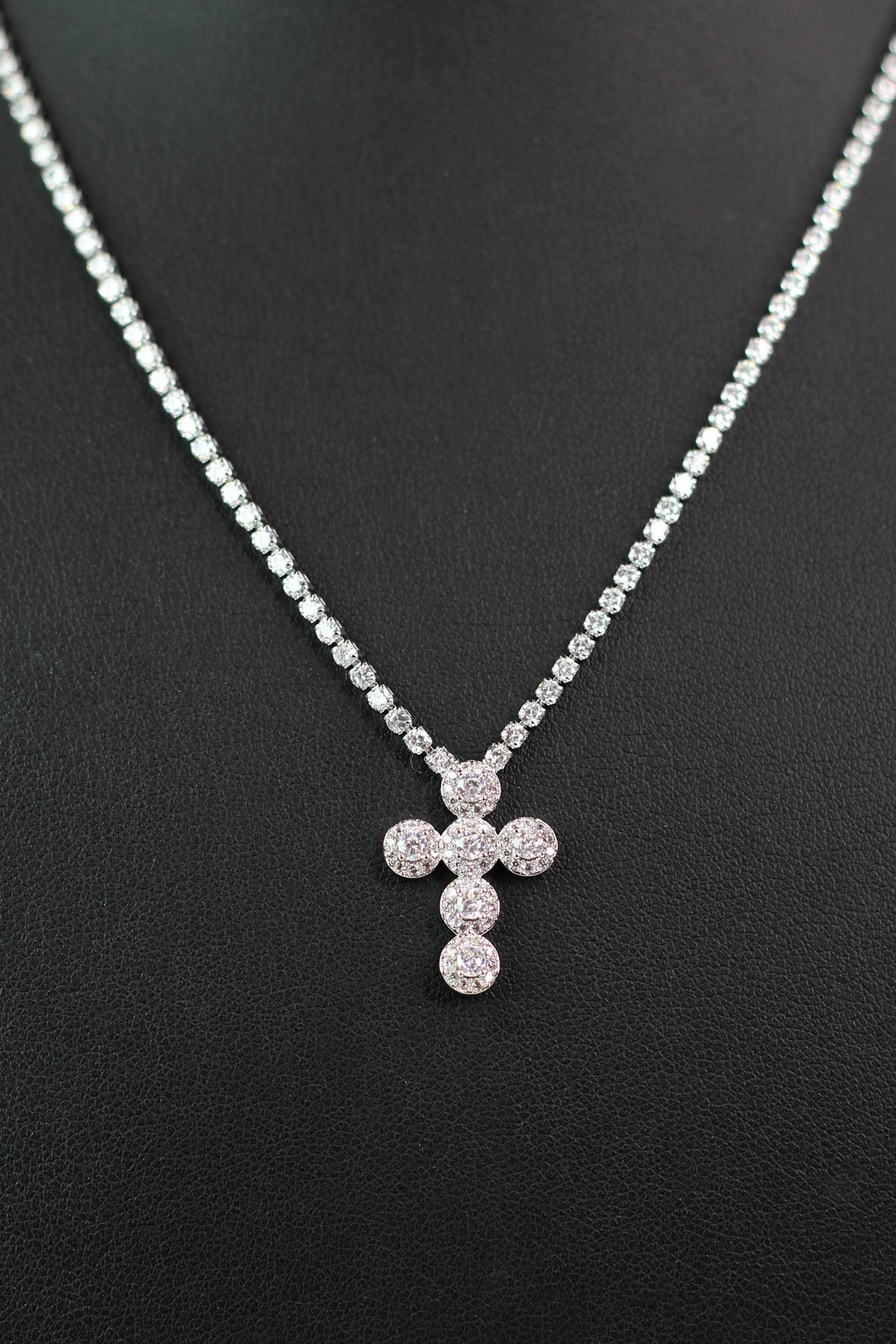 Rhinestone Necklace w/ Pave Trimmed Round Stone Cross