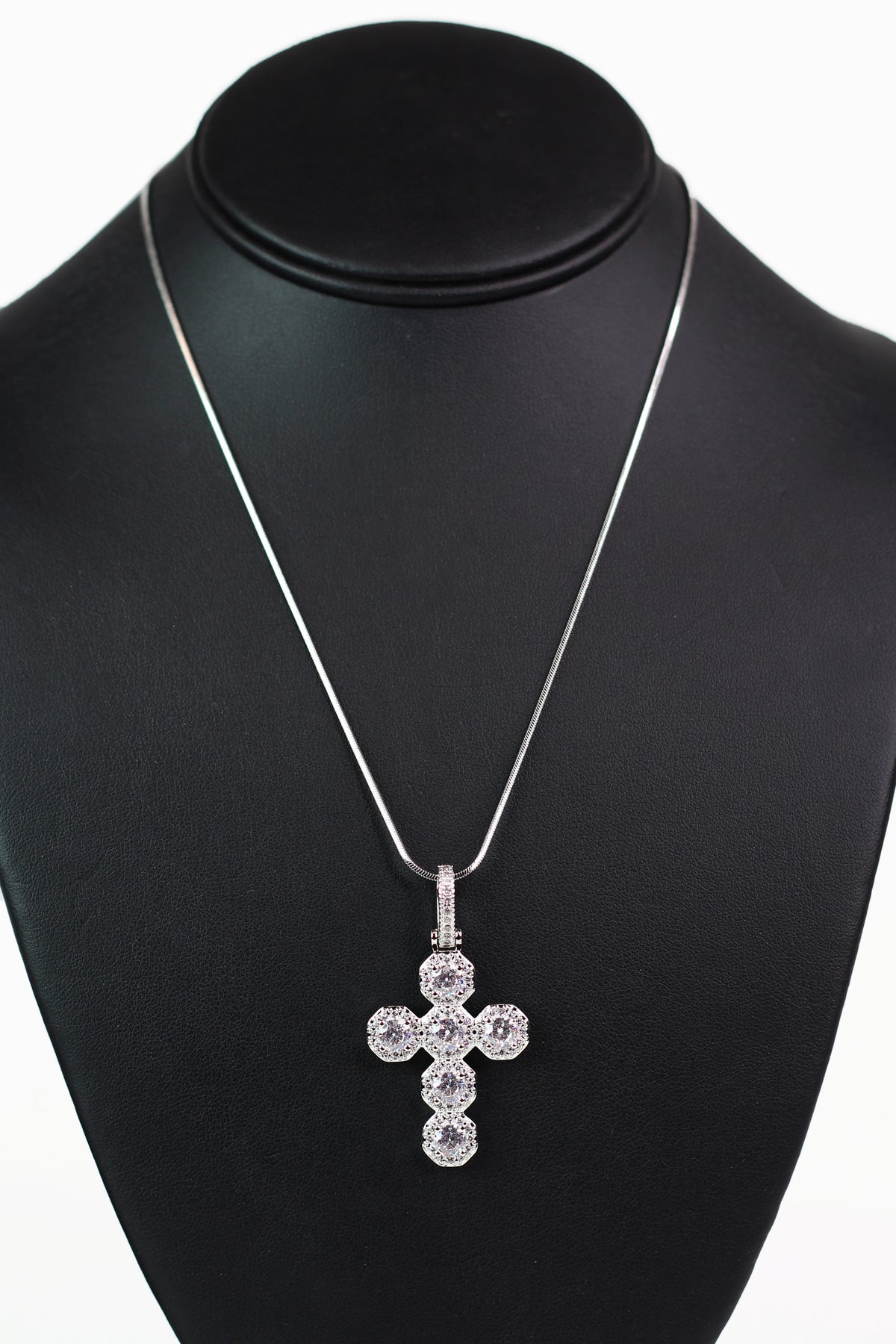 Chunky Pave Trimmed Round Stone Cross Necklace