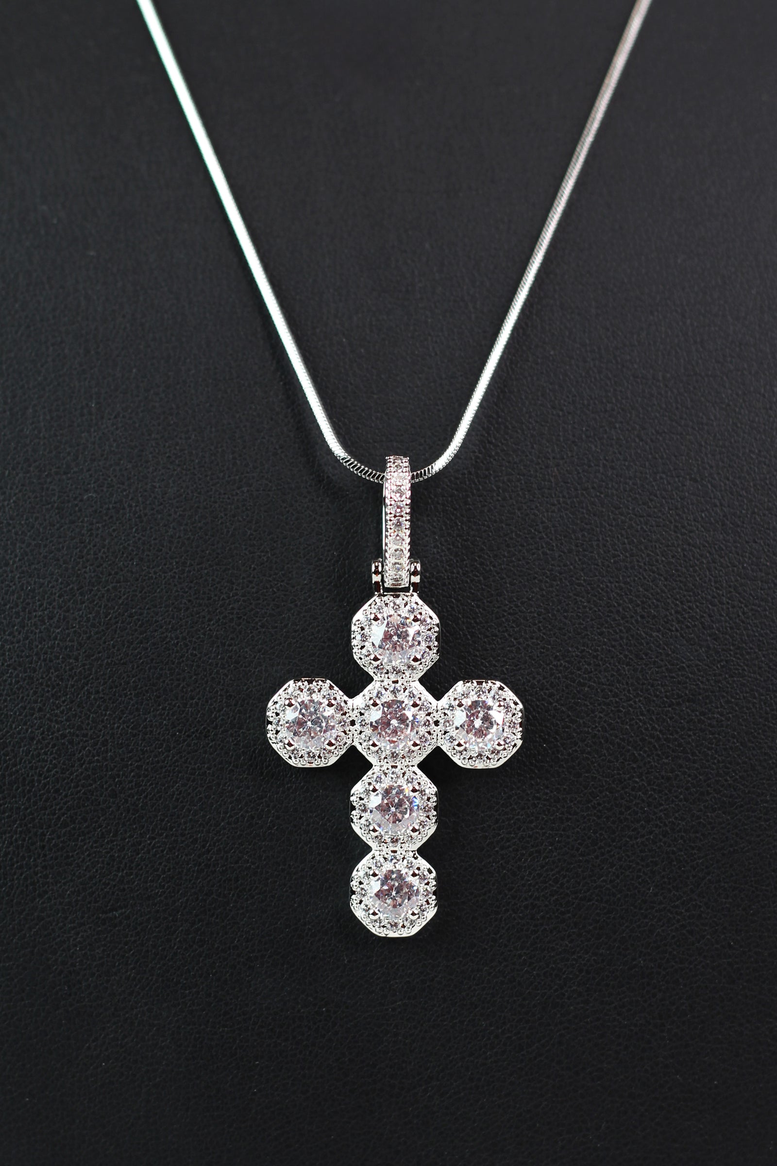 Chunky Pave Trimmed Round Stone Cross Necklace