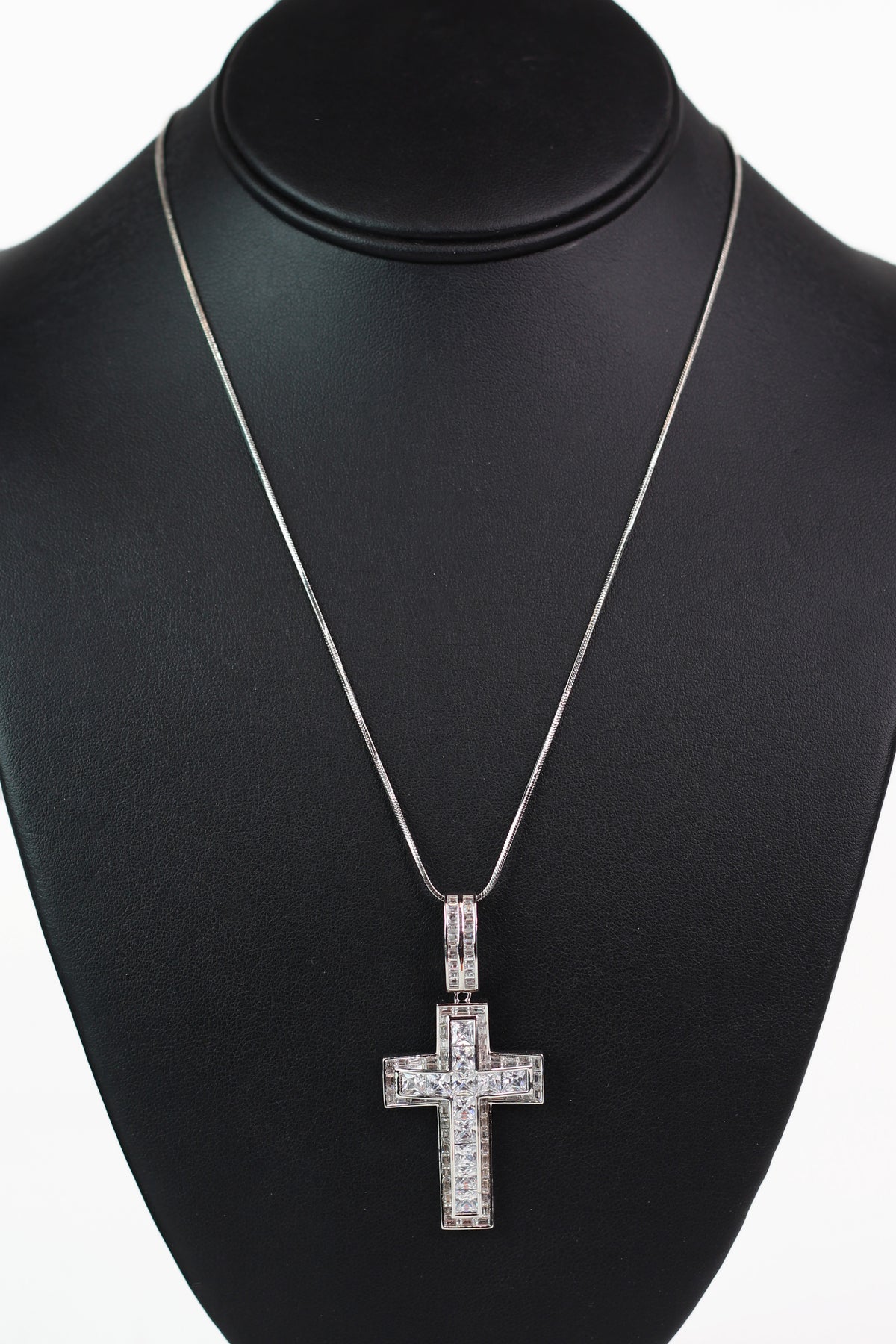 Baguette Cross w/ Raised Square Stone Cross Center Necklace