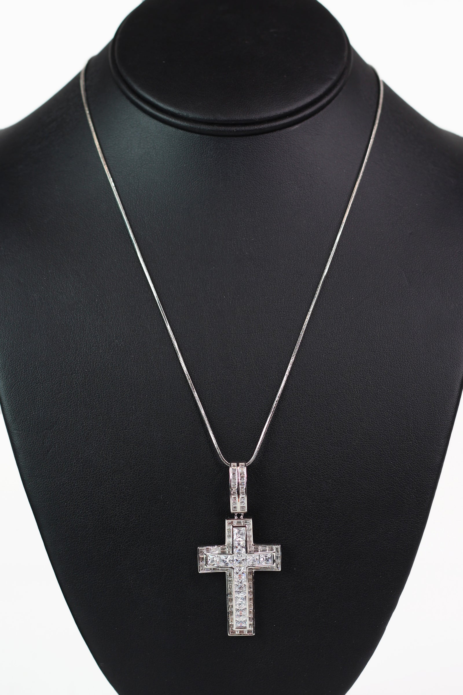 Baguette Cross w/ Raised Square Stone Cross Center Necklace