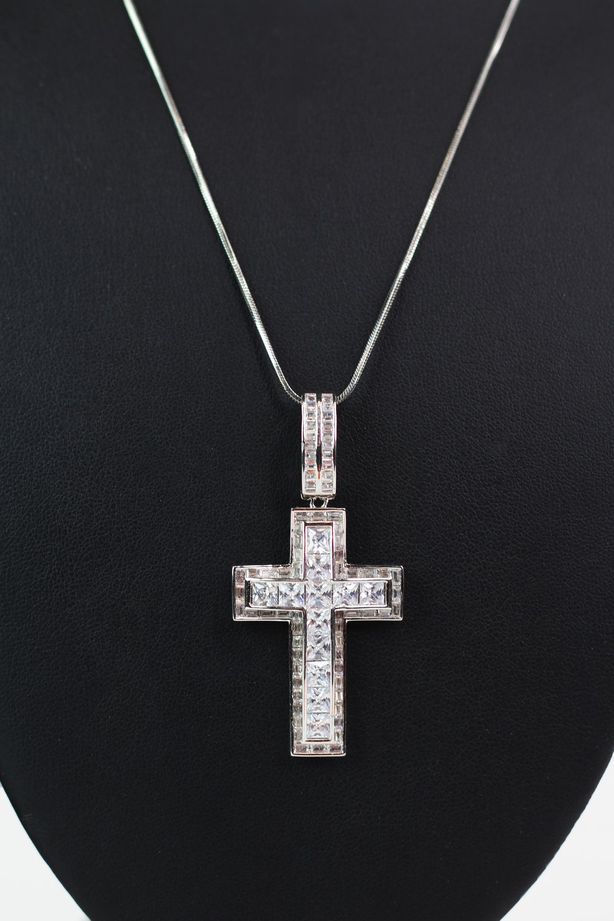 Baguette Cross w/ Raised Square Stone Cross Center Necklace