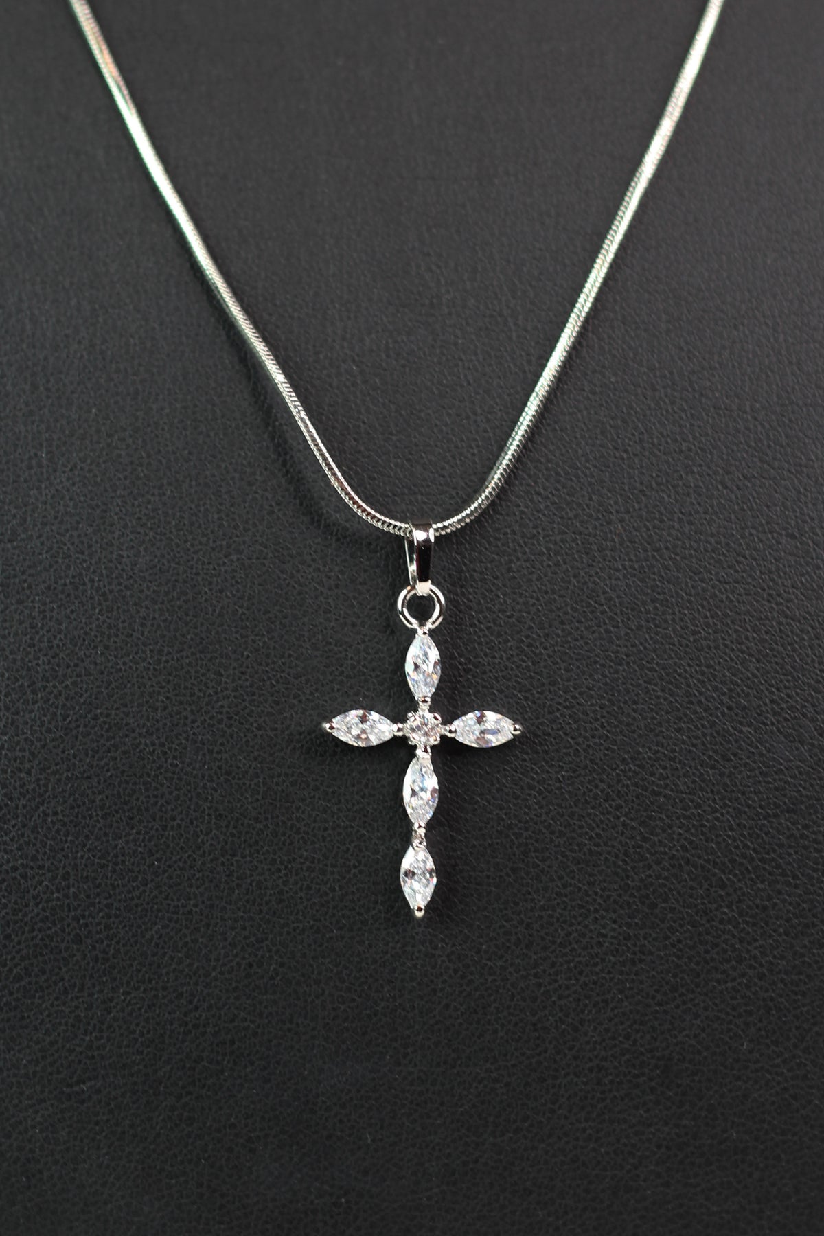 Tiny Marquis w/ Round Center Stone Cross Necklace
