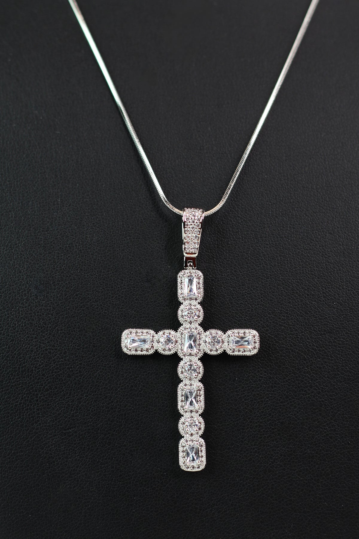 Pave Trimmed Round & Emerald Stone Cross Necklace