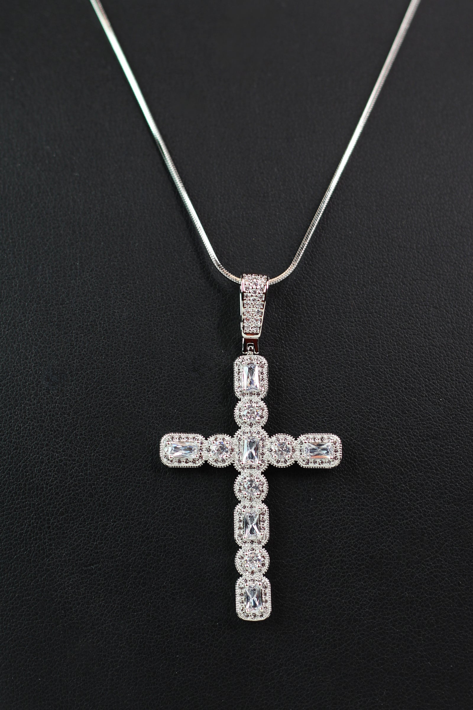 Pave Trimmed Round & Emerald Stone Cross Necklace