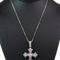 All Pave Pointed Ends Cross Necklace w/ Round Tips & Square Center