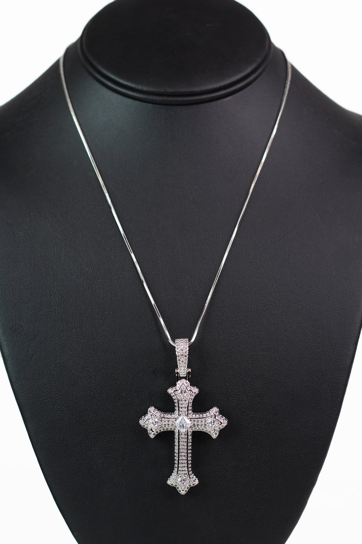 All Pave Pointed Ends Cross Necklace w/ Round Tips &amp; Square Center