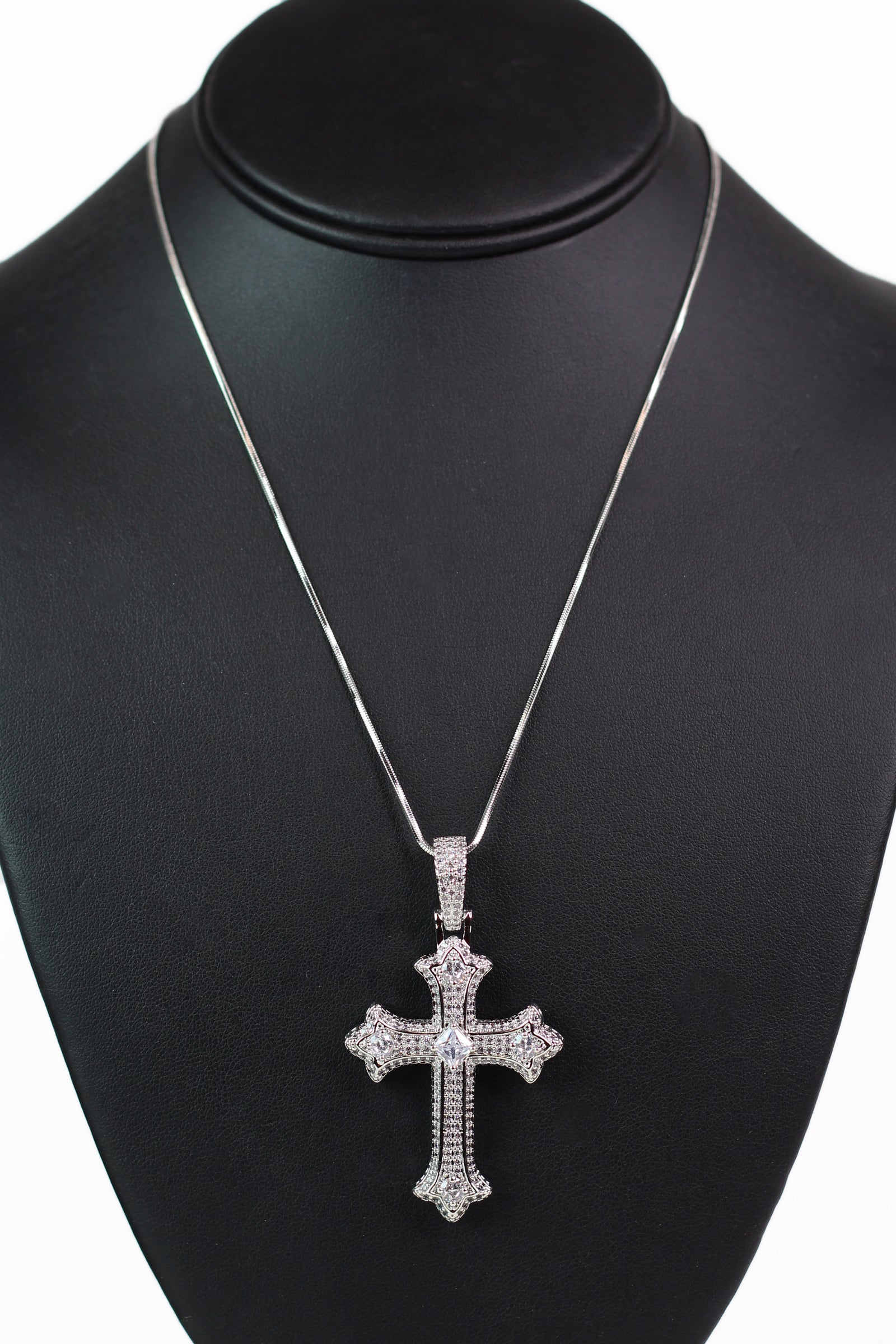 All Pave Pointed Ends Cross Necklace w/ Round Tips & Square Center